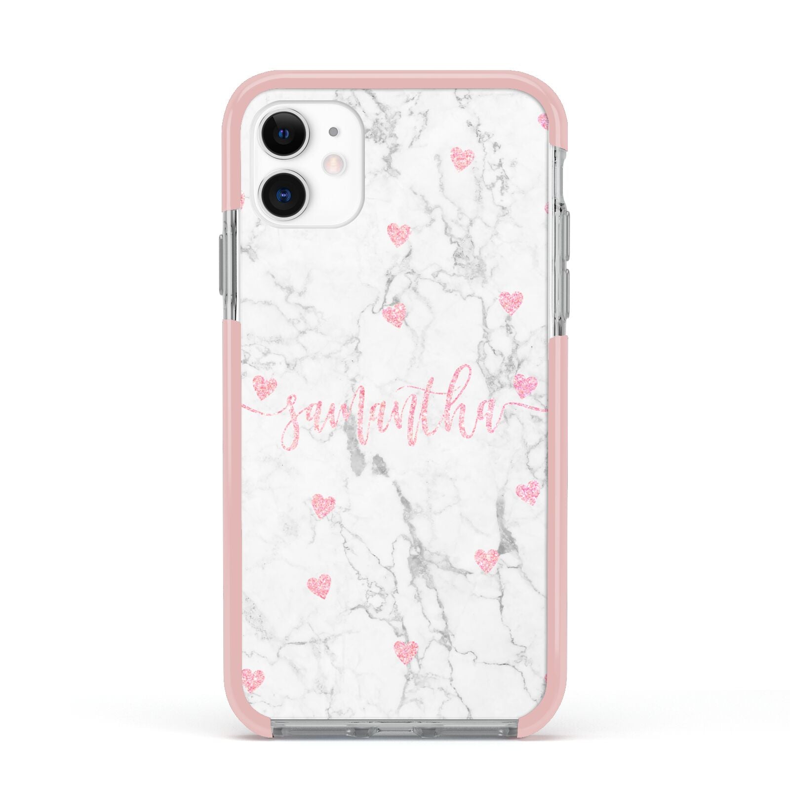 Glitter Hearts Marble Personalised Name Apple iPhone 11 in White with Pink Impact Case