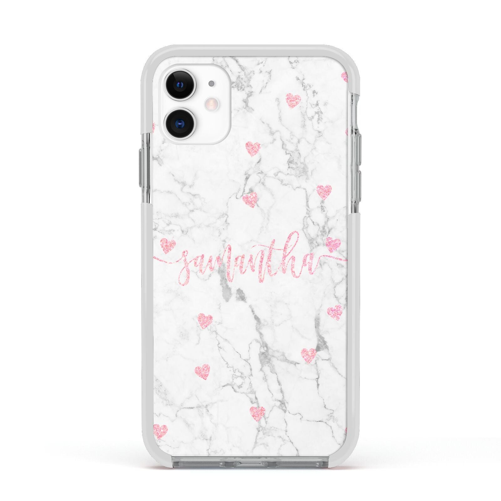 Glitter Hearts Marble Personalised Name Apple iPhone 11 in White with White Impact Case