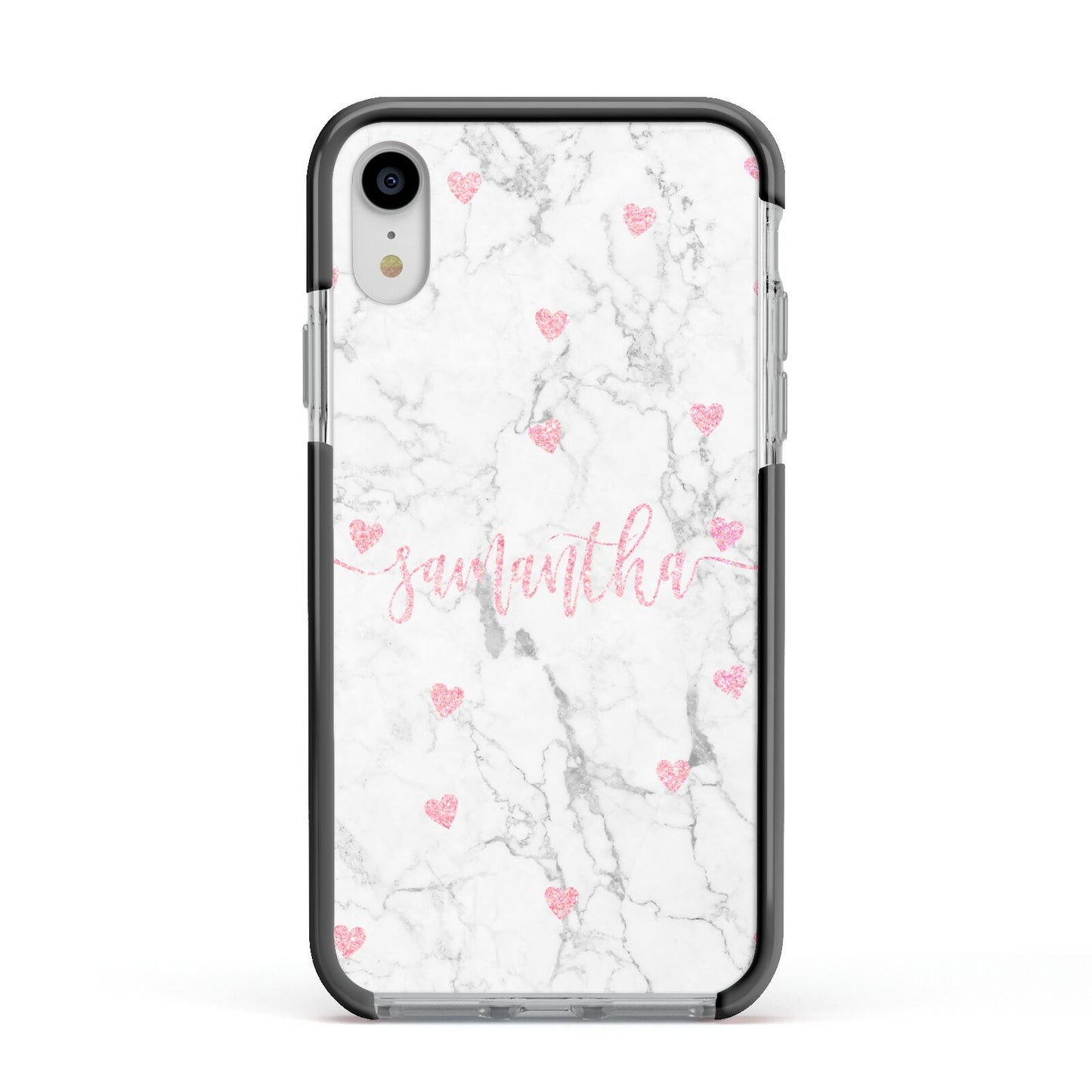 Glitter Hearts Marble Personalised Name Apple iPhone XR Impact Case Black Edge on Silver Phone