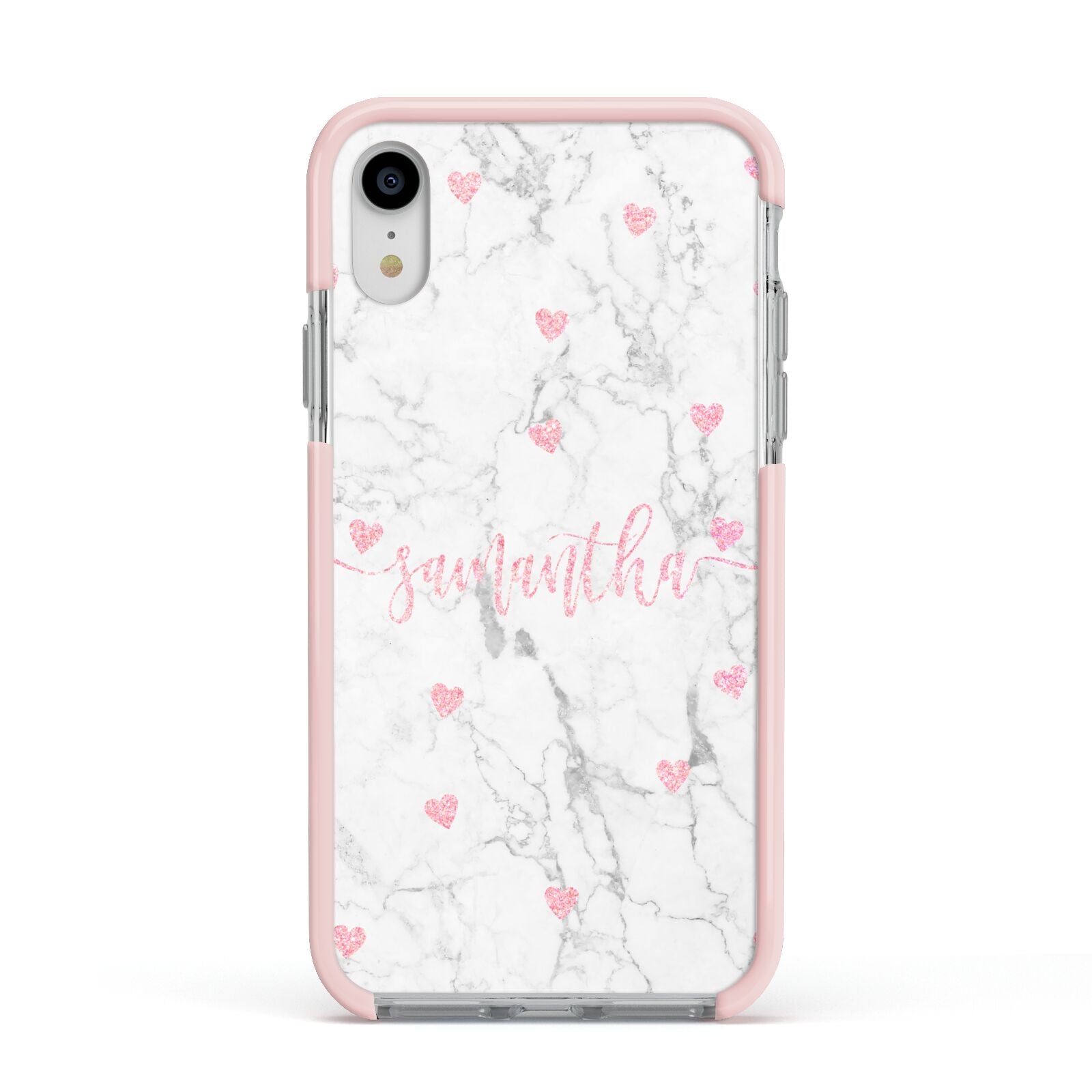 Glitter Hearts Marble Personalised Name Apple iPhone XR Impact Case Pink Edge on Silver Phone