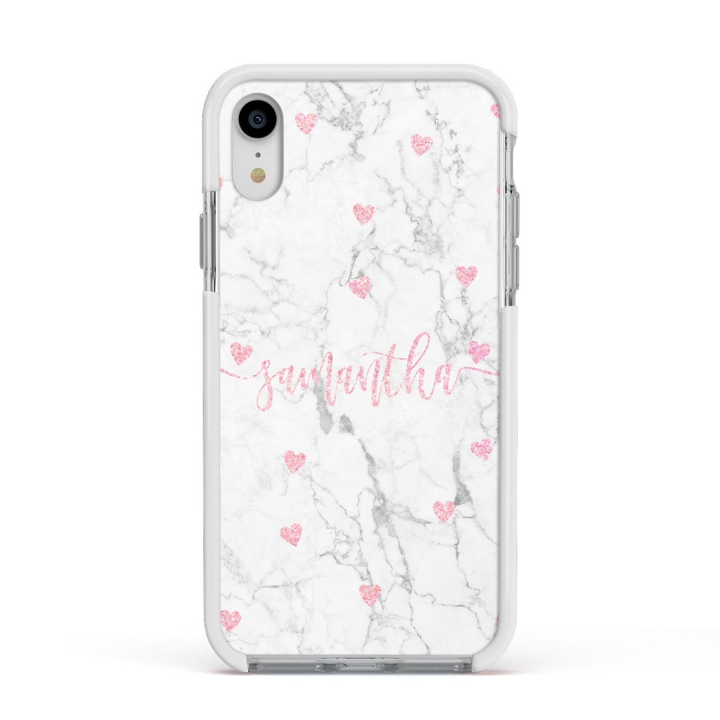 Glitter Hearts Marble Personalised Name Apple iPhone XR Impact Case White Edge on Silver Phone