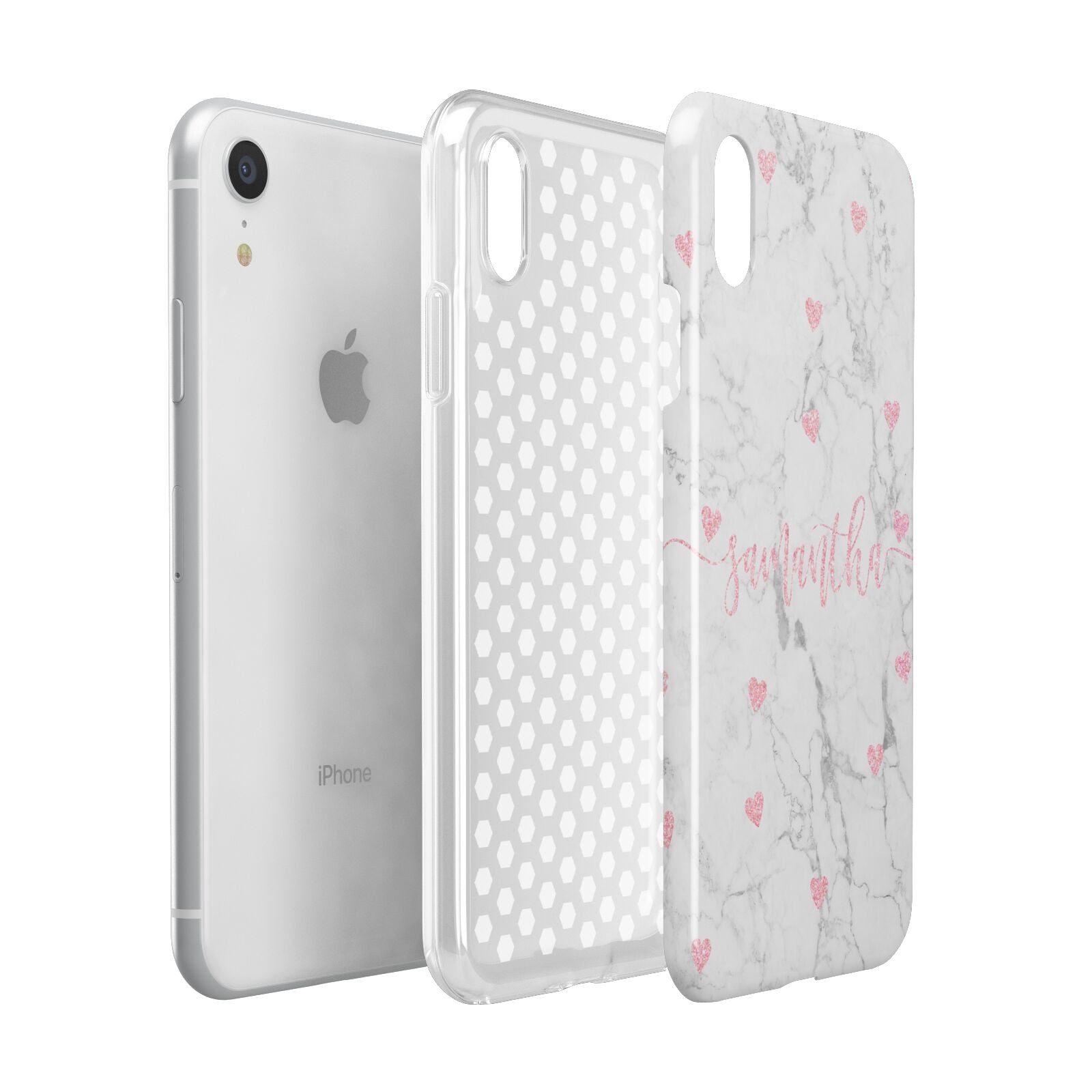 Glitter Hearts Marble Personalised Name Apple iPhone XR White 3D Tough Case Expanded view