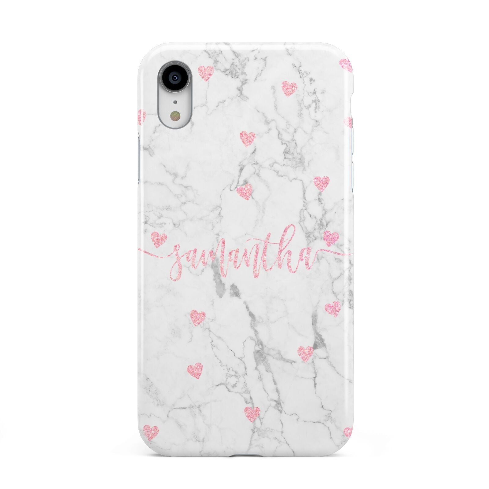 Glitter Hearts Marble Personalised Name Apple iPhone XR White 3D Tough Case
