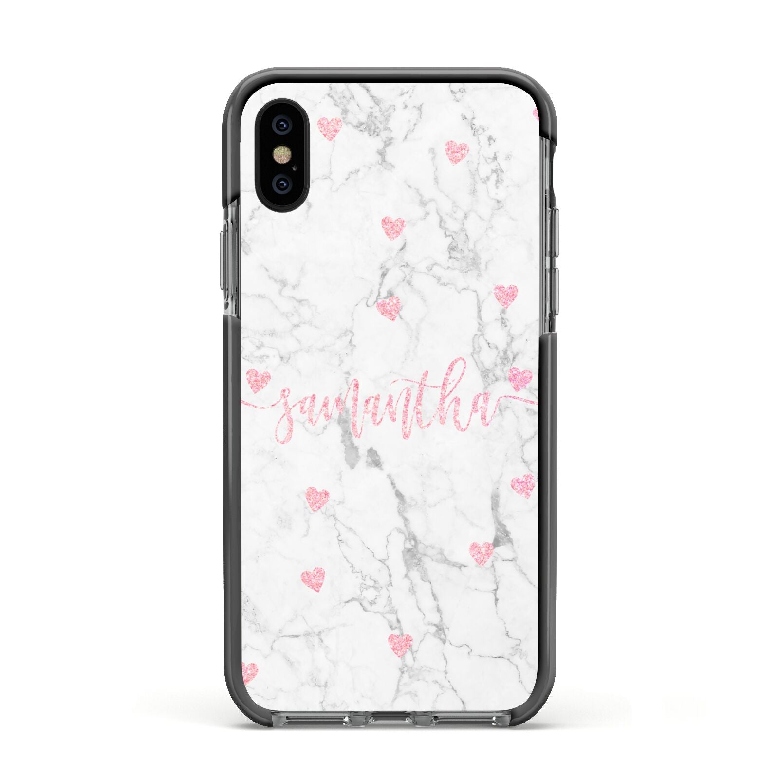 Glitter Hearts Marble Personalised Name Apple iPhone Xs Impact Case Black Edge on Black Phone