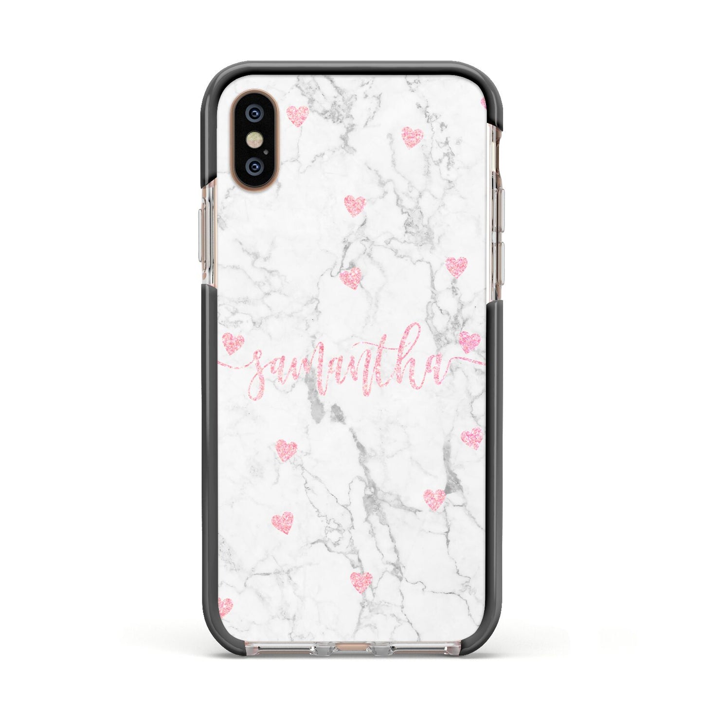 Glitter Hearts Marble Personalised Name Apple iPhone Xs Impact Case Black Edge on Gold Phone