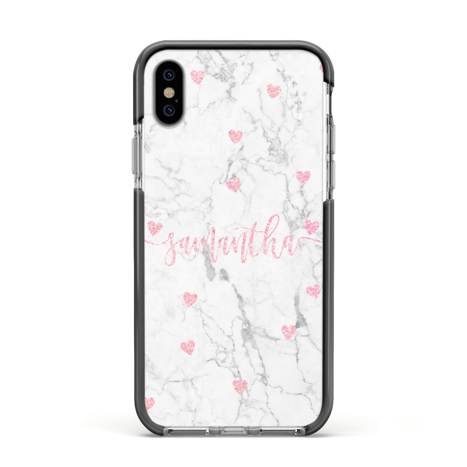 Glitter Hearts Marble Personalised Name Apple iPhone Xs Impact Case Black Edge on Silver Phone
