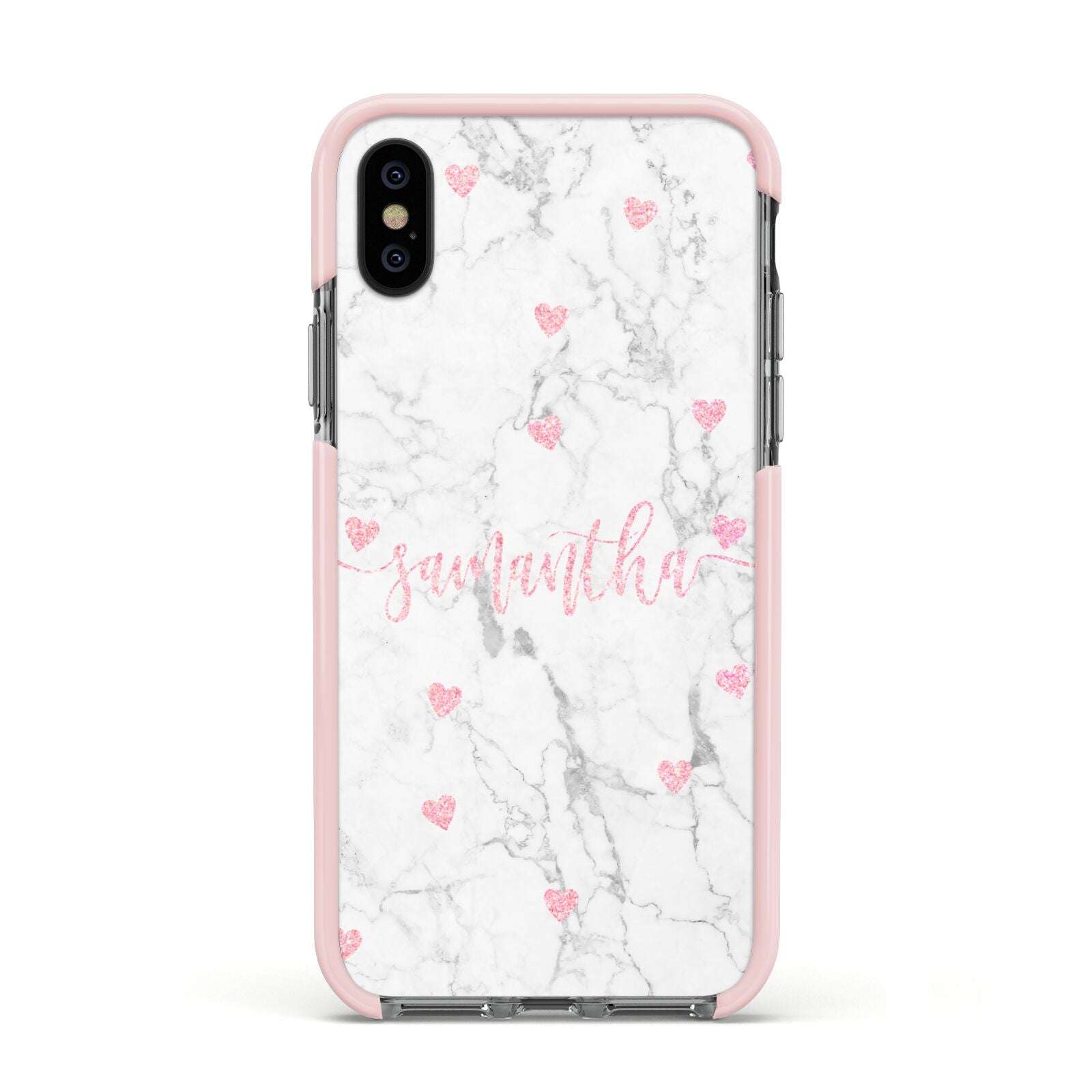 Glitter Hearts Marble Personalised Name Apple iPhone Xs Impact Case Pink Edge on Black Phone