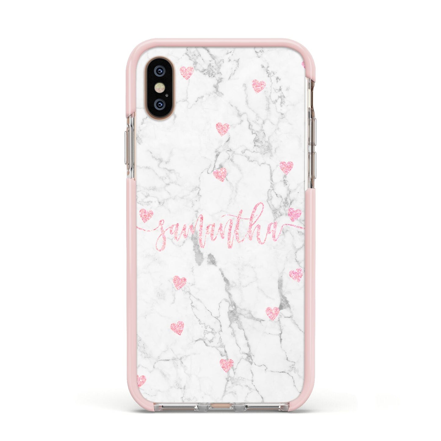 Glitter Hearts Marble Personalised Name Apple iPhone Xs Impact Case Pink Edge on Gold Phone