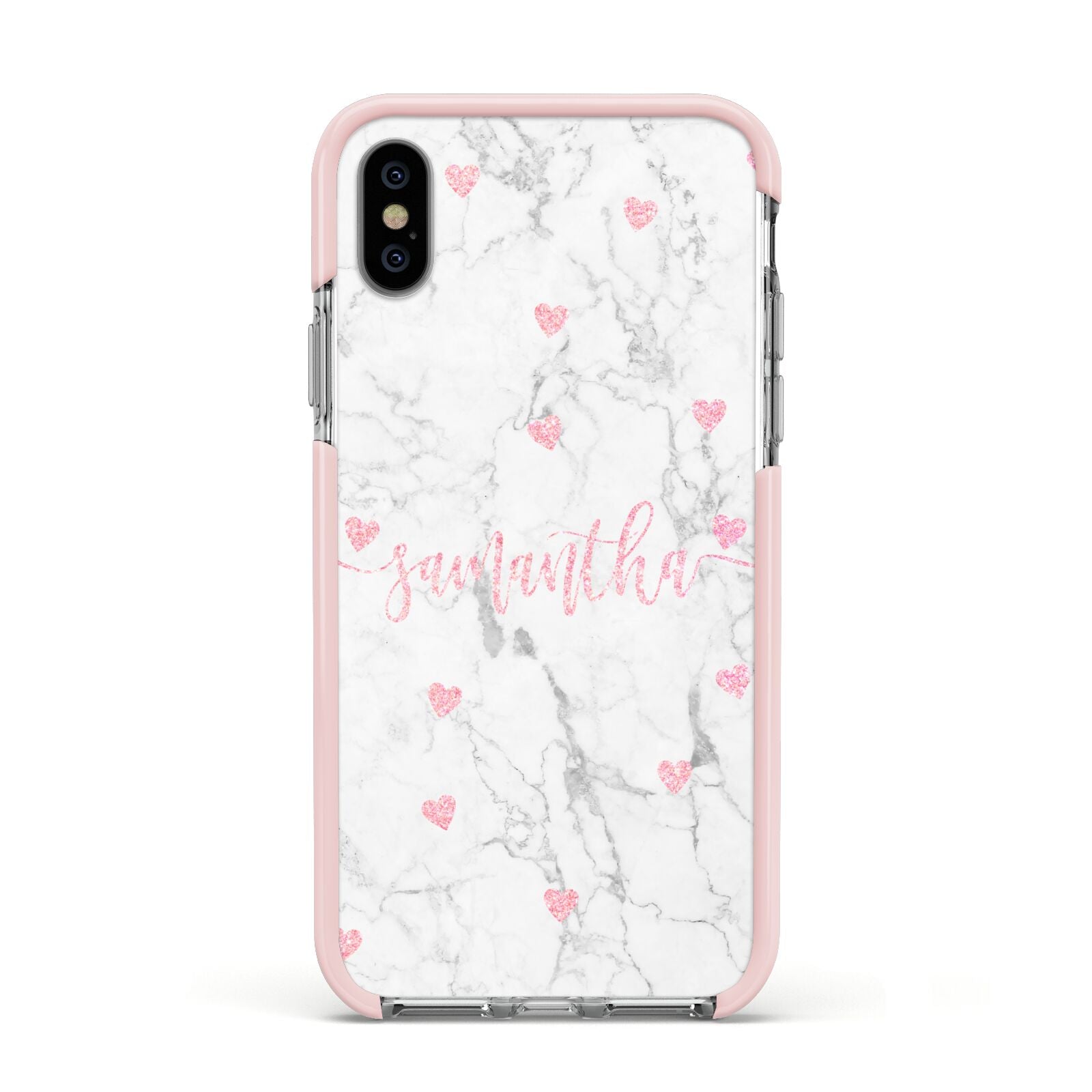 Glitter Hearts Marble Personalised Name Apple iPhone Xs Impact Case Pink Edge on Silver Phone