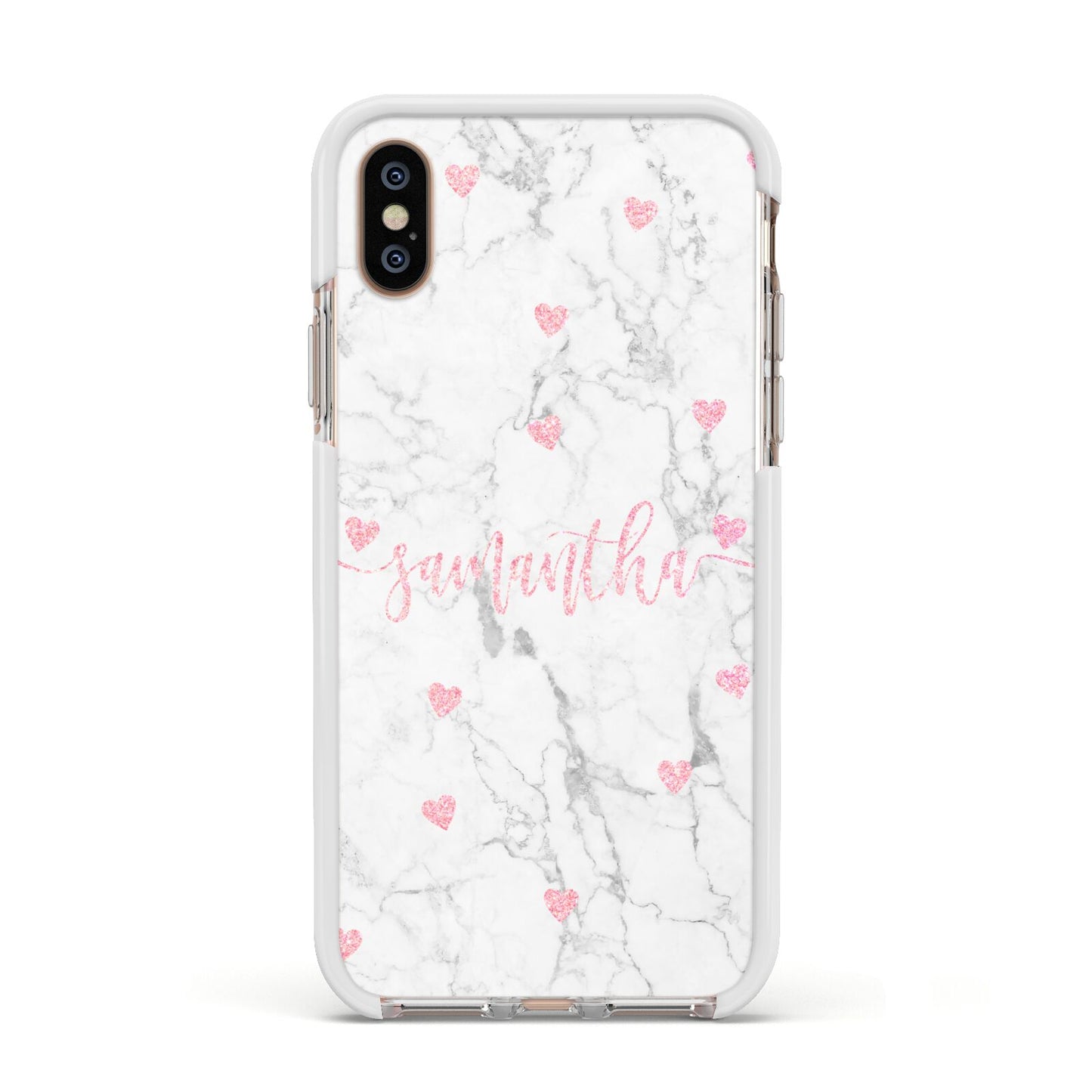 Glitter Hearts Marble Personalised Name Apple iPhone Xs Impact Case White Edge on Gold Phone