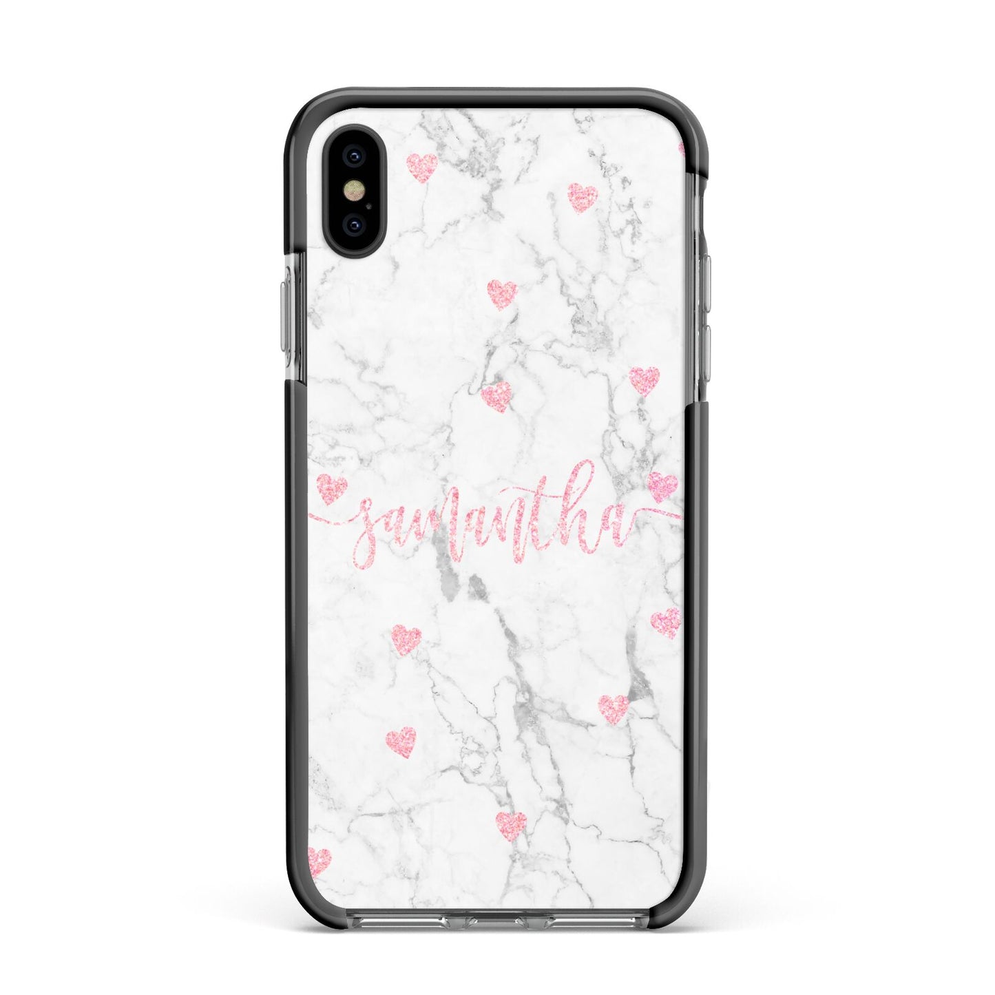 Glitter Hearts Marble Personalised Name Apple iPhone Xs Max Impact Case Black Edge on Black Phone