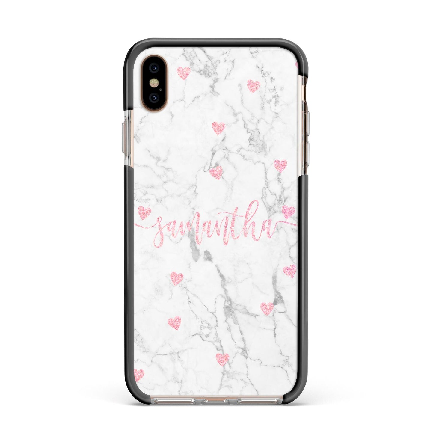 Glitter Hearts Marble Personalised Name Apple iPhone Xs Max Impact Case Black Edge on Gold Phone