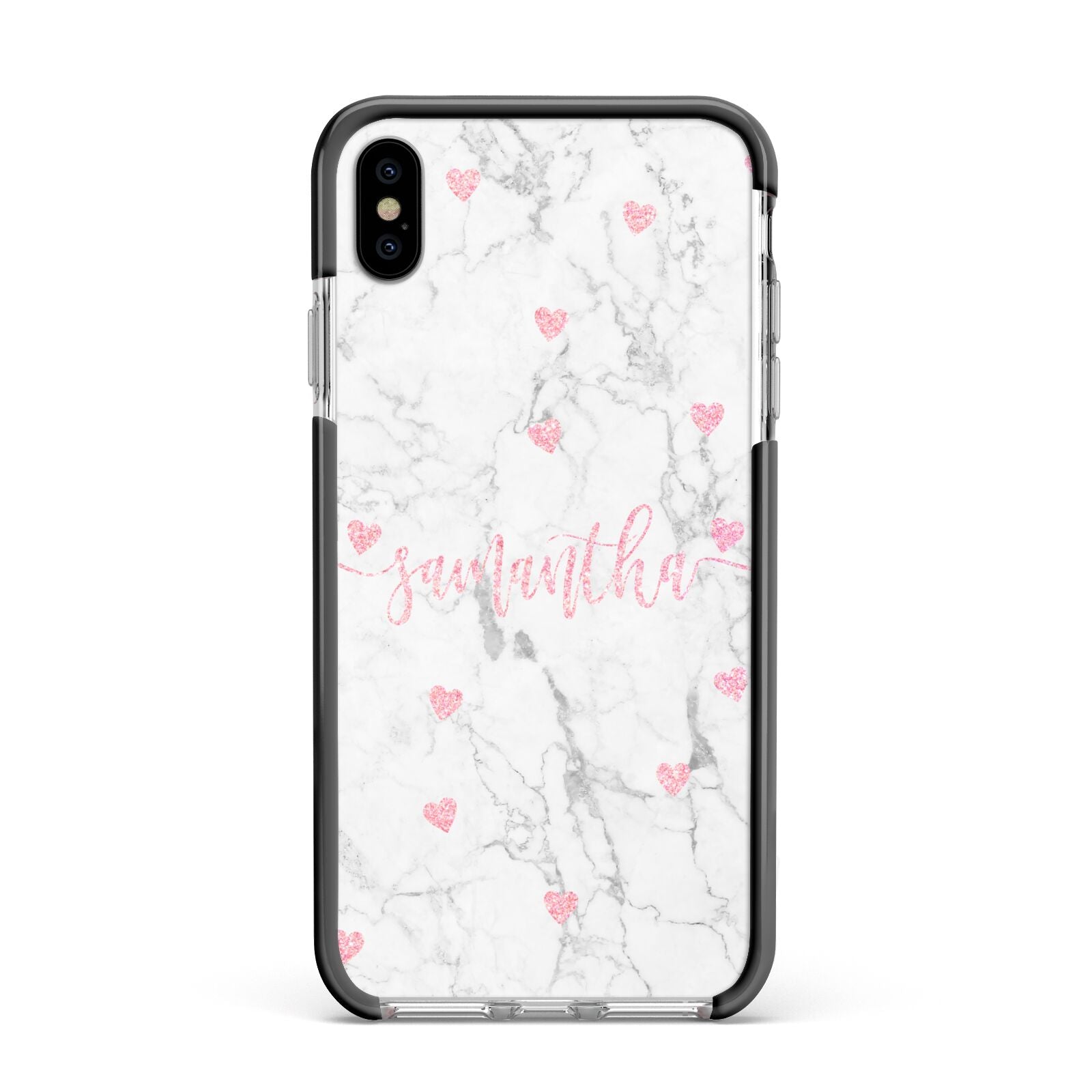 Glitter Hearts Marble Personalised Name Apple iPhone Xs Max Impact Case Black Edge on Silver Phone