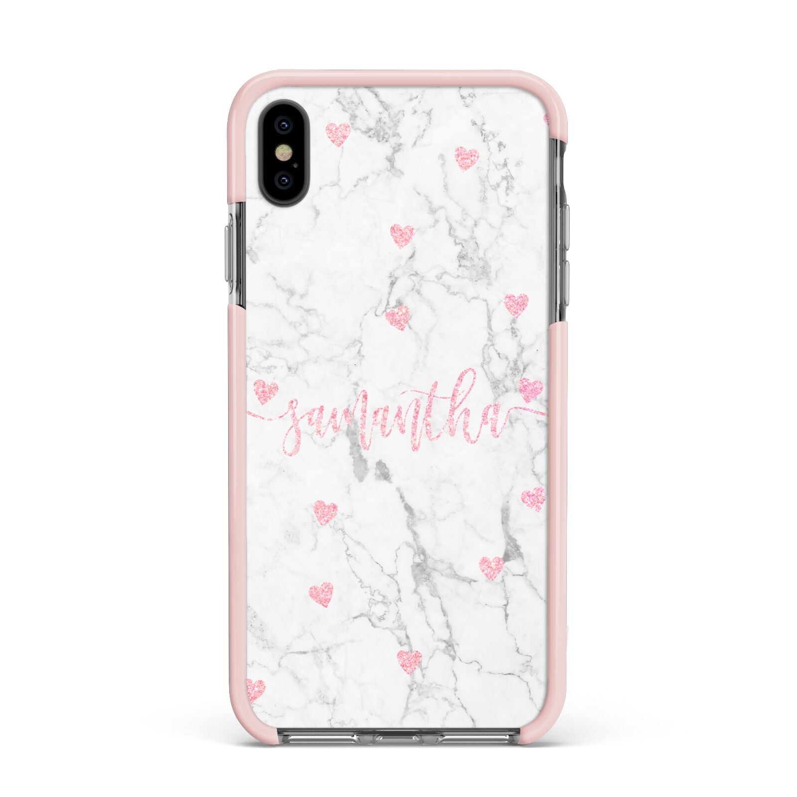 Glitter Hearts Marble Personalised Name Apple iPhone Xs Max Impact Case Pink Edge on Black Phone