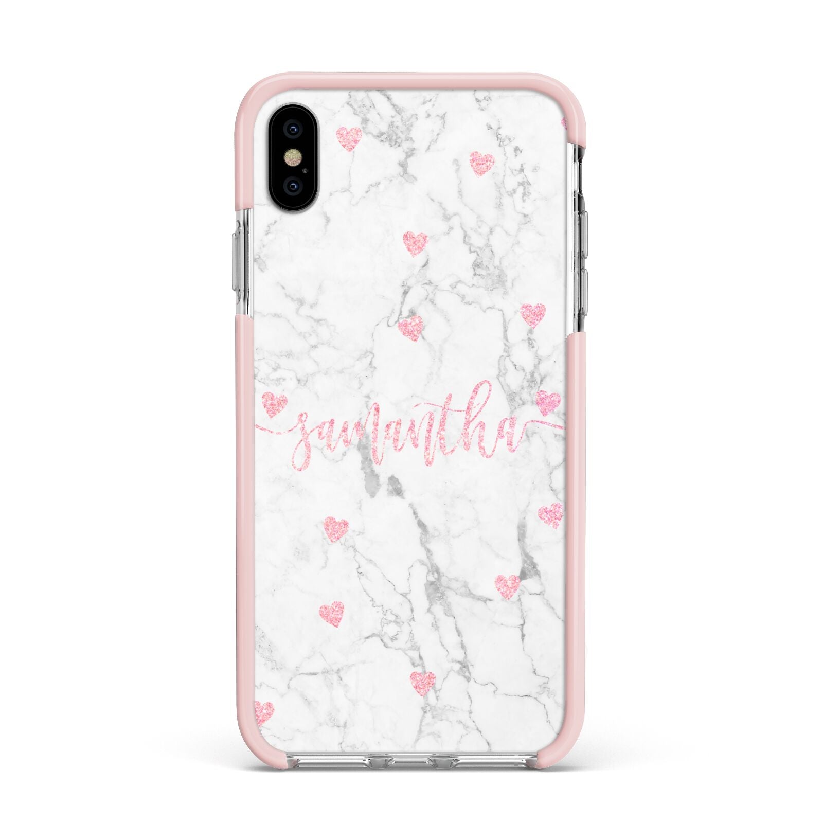 Glitter Hearts Marble Personalised Name Apple iPhone Xs Max Impact Case Pink Edge on Silver Phone