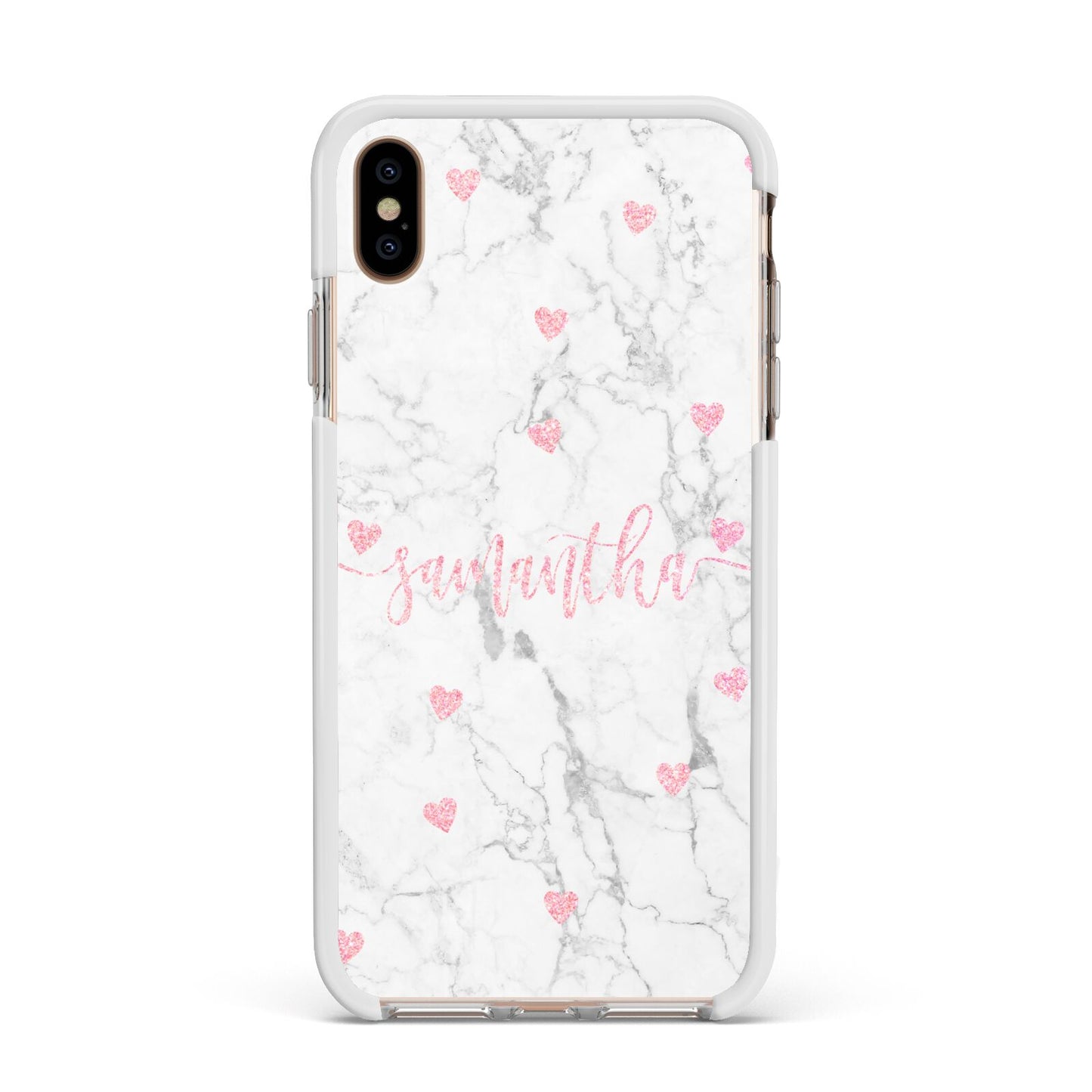Glitter Hearts Marble Personalised Name Apple iPhone Xs Max Impact Case White Edge on Gold Phone