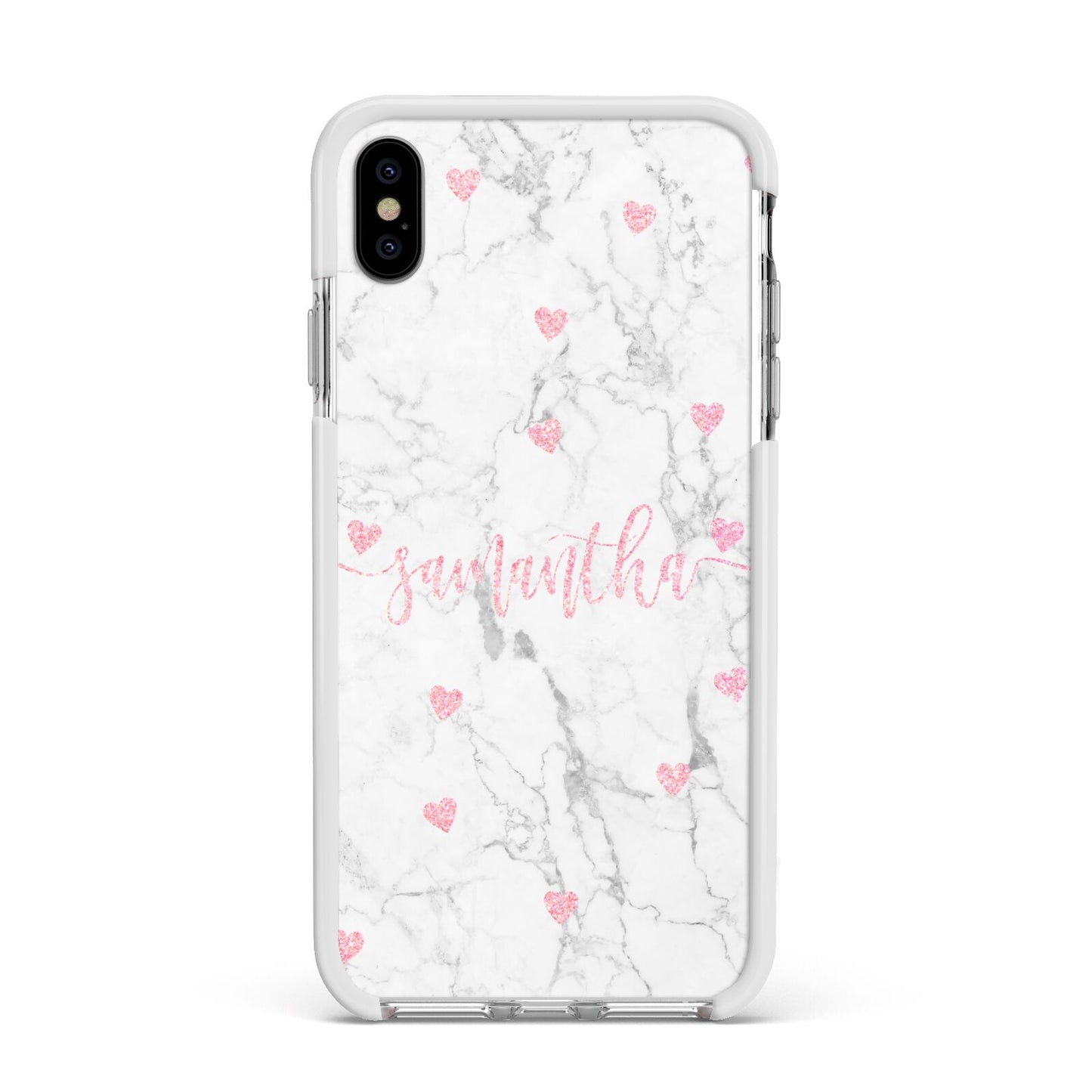 Glitter Hearts Marble Personalised Name Apple iPhone Xs Max Impact Case White Edge on Silver Phone