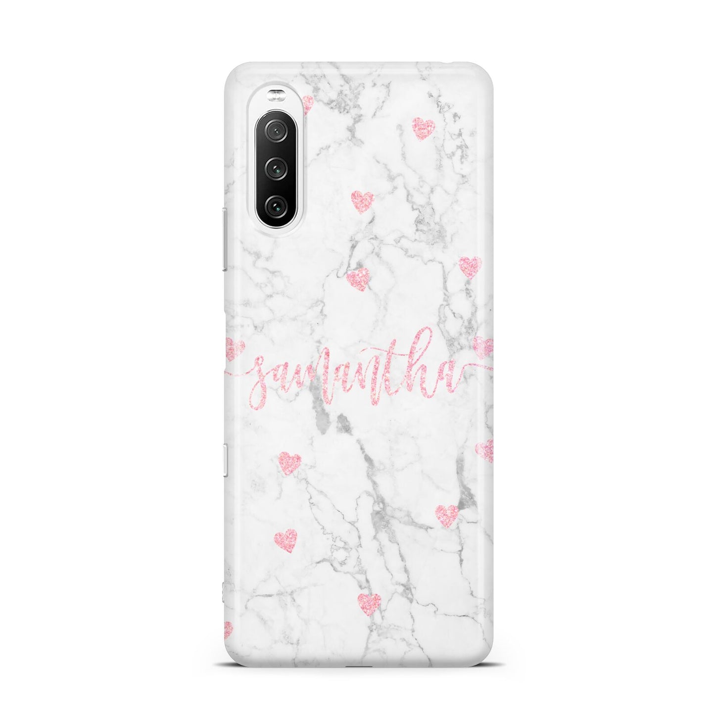Glitter Hearts Marble Personalised Name Sony Xperia 10 III Case