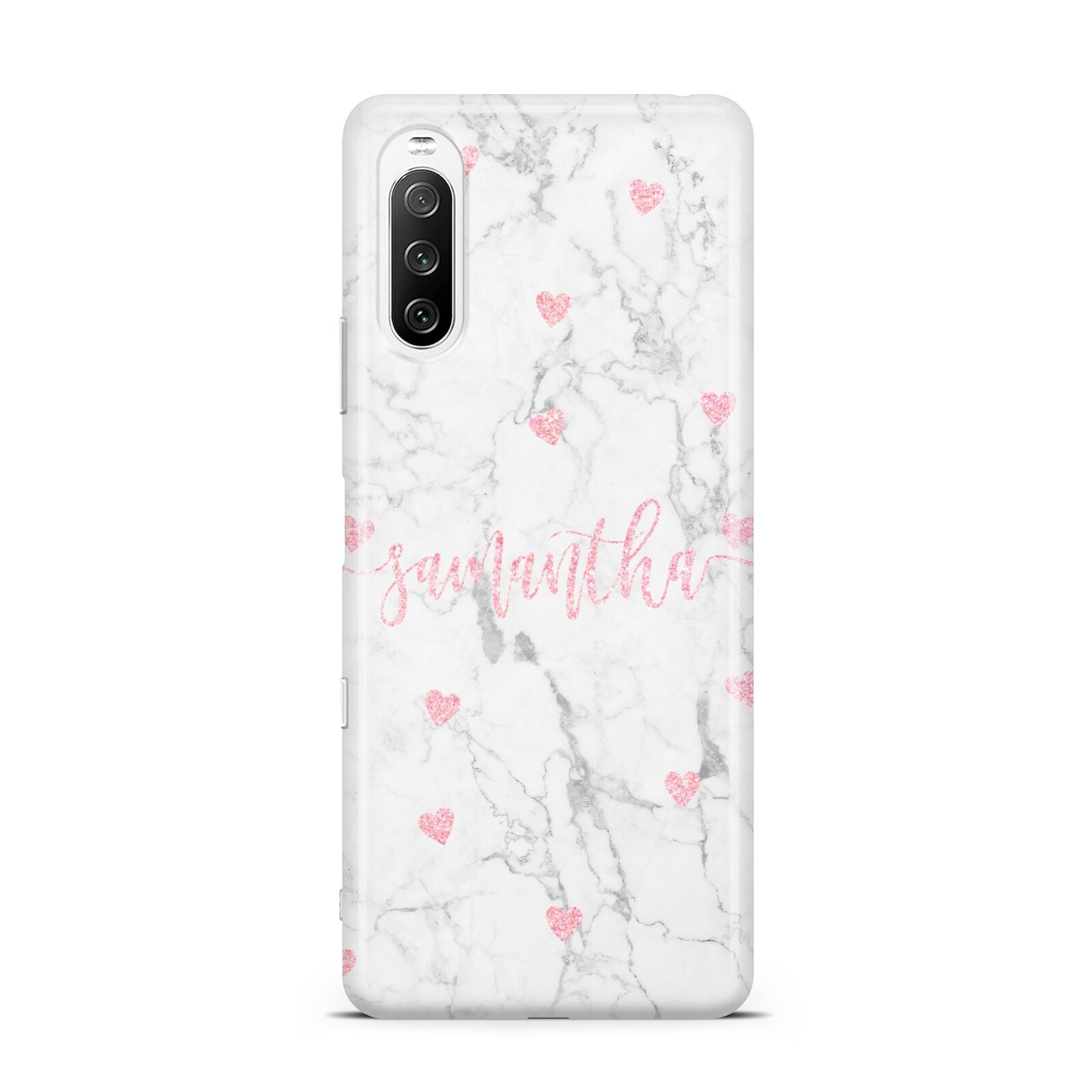 Glitter Hearts Marble Personalised Name Sony Xperia 10 III Case
