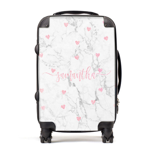 Glitter Hearts Marble Personalised Name Suitcase