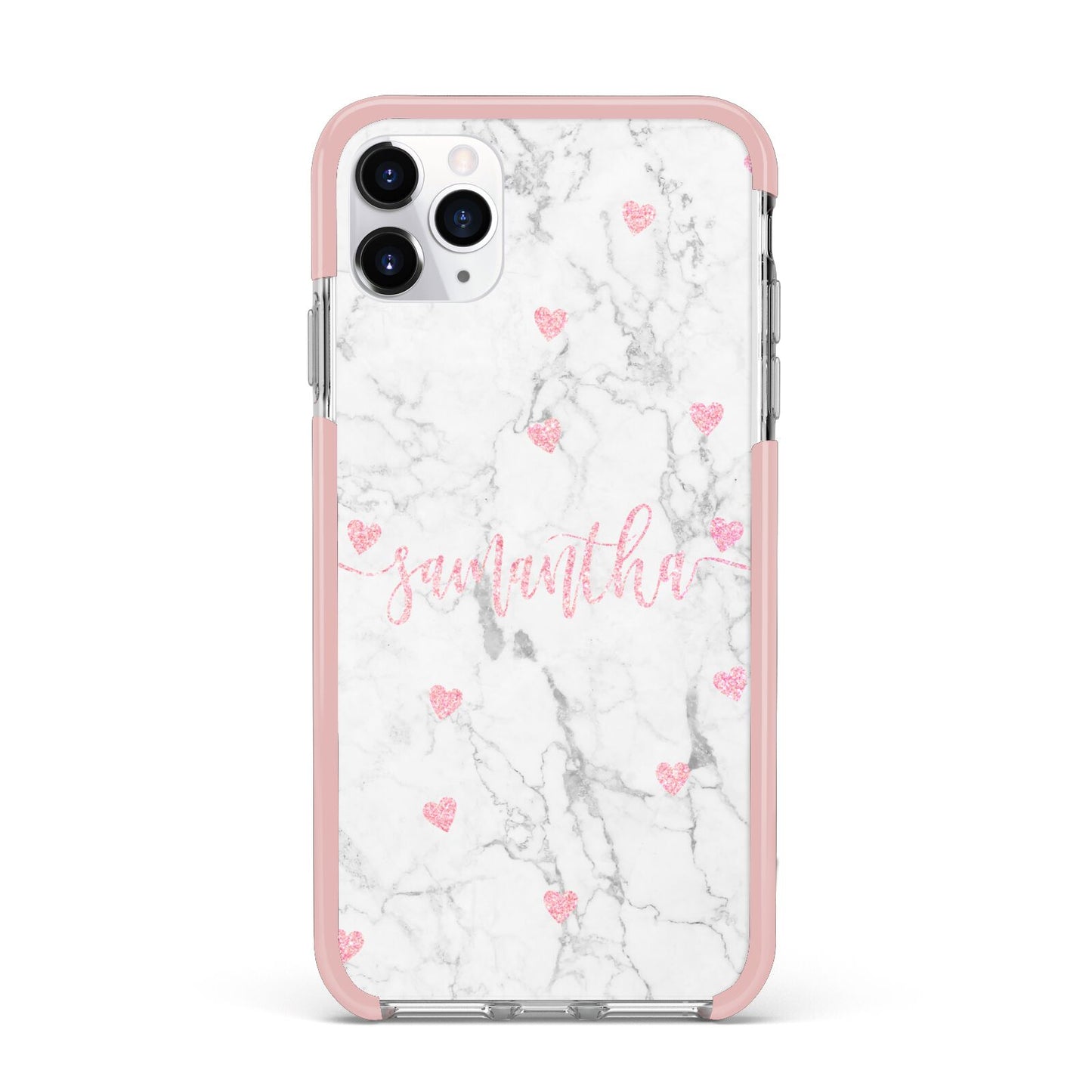 Glitter Hearts Marble Personalised Name iPhone 11 Pro Max Impact Pink Edge Case