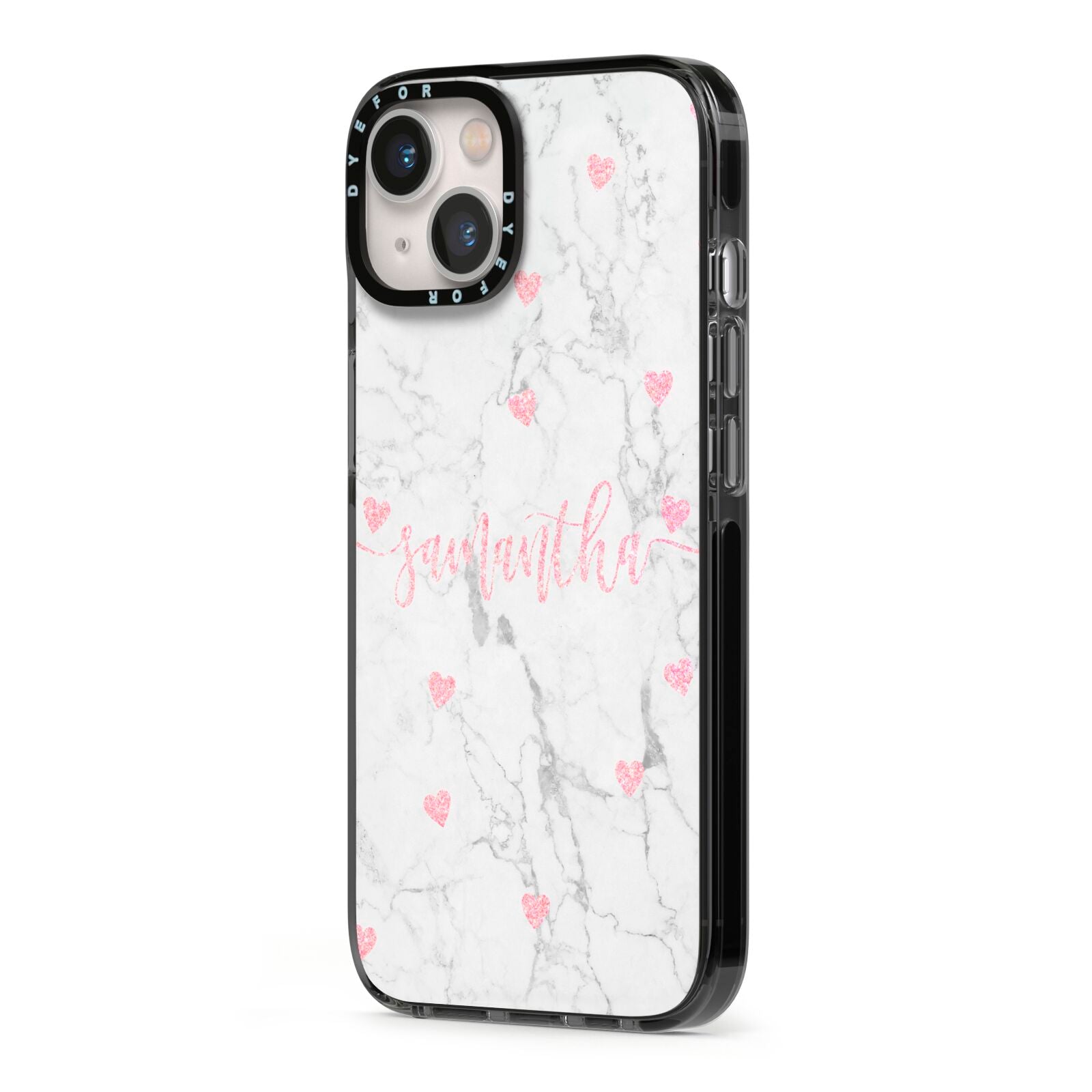Glitter Hearts Marble Personalised Name iPhone 13 Black Impact Case Side Angle on Silver phone