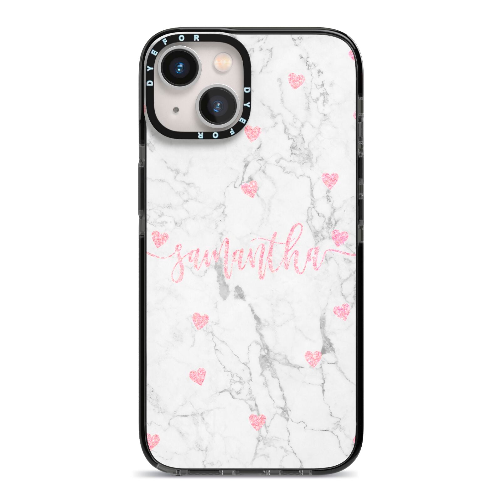 Glitter Hearts Marble Personalised Name iPhone 13 Black Impact Case on Silver phone
