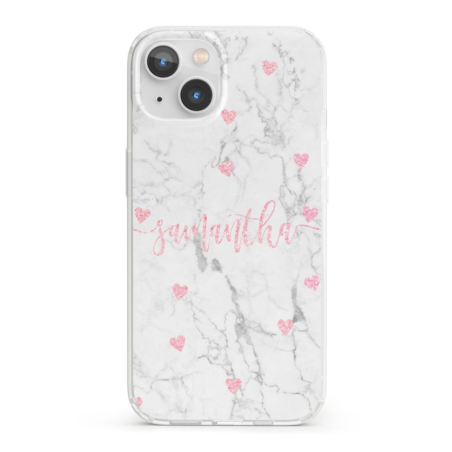 Glitter Hearts Marble Personalised Name iPhone 13 Clear Bumper Case
