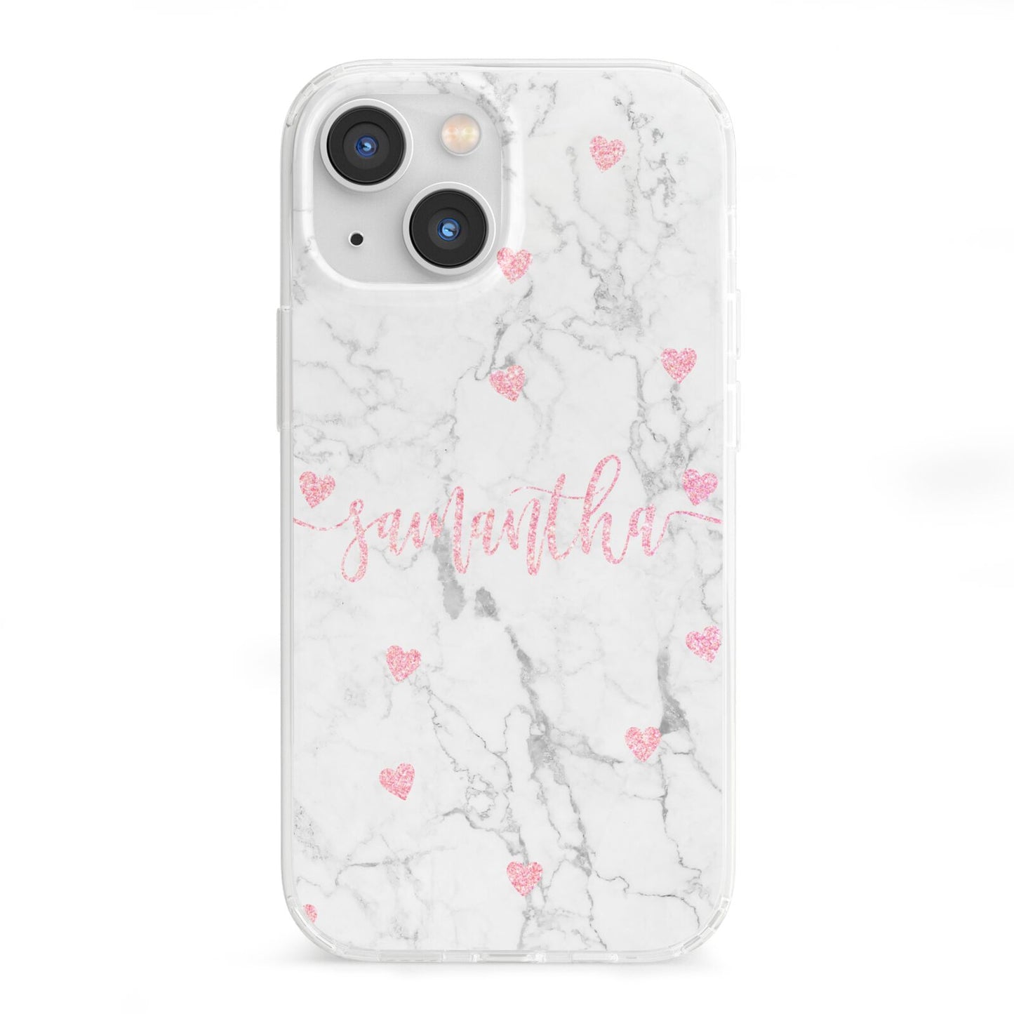 Glitter Hearts Marble Personalised Name iPhone 13 Mini Clear Bumper Case