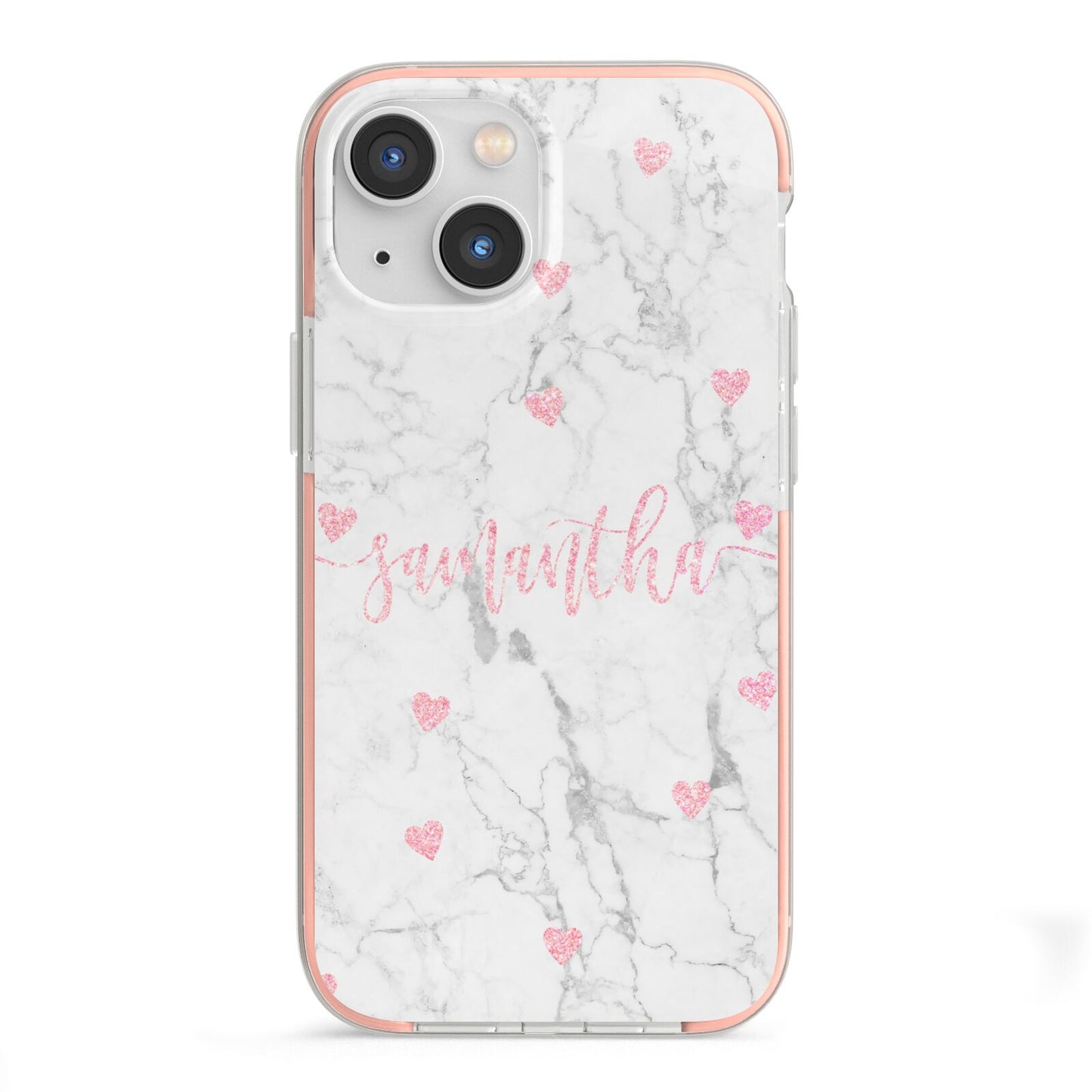 Glitter Hearts Marble Personalised Name iPhone 13 Mini TPU Impact Case with Pink Edges