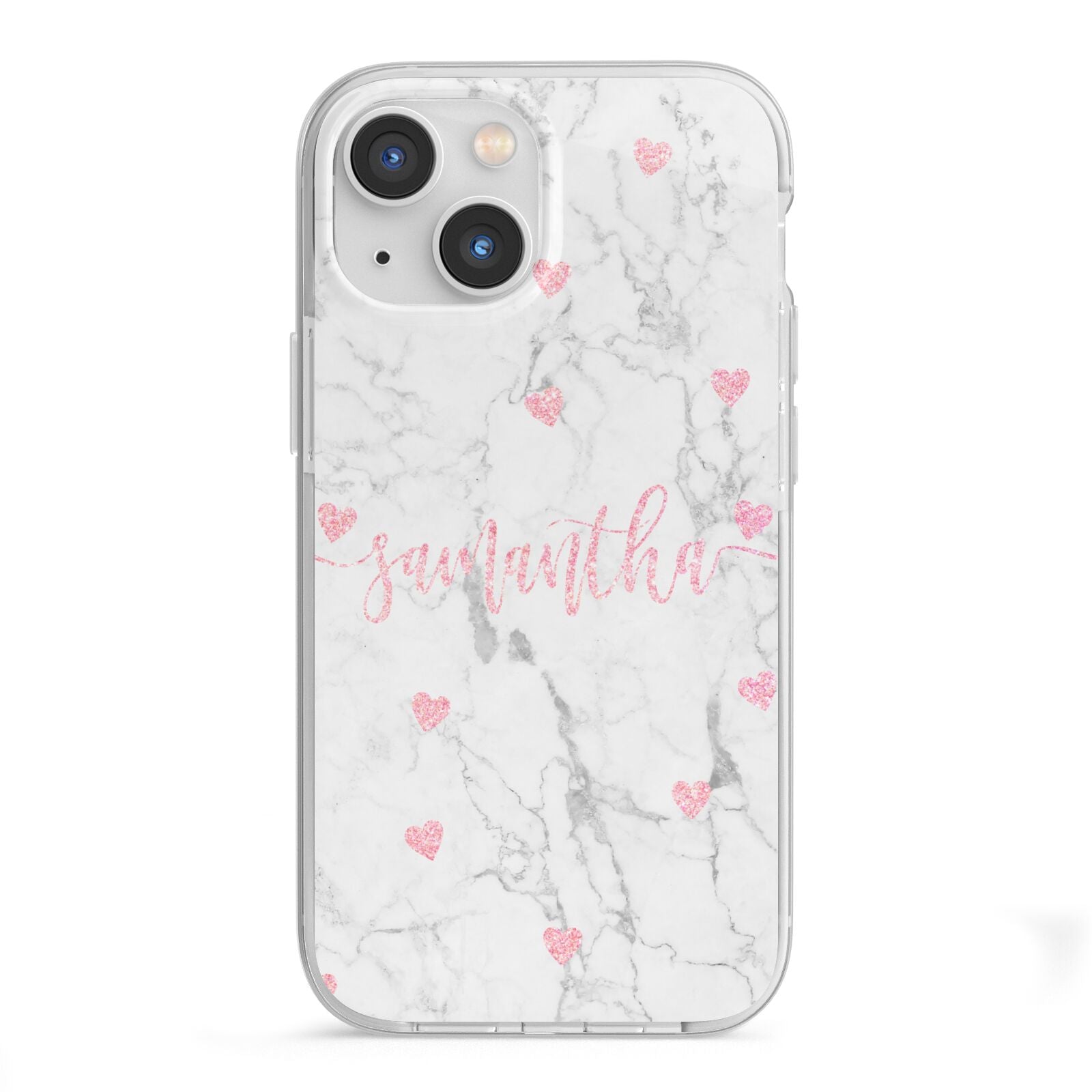 Glitter Hearts Marble Personalised Name iPhone 13 Mini TPU Impact Case with White Edges