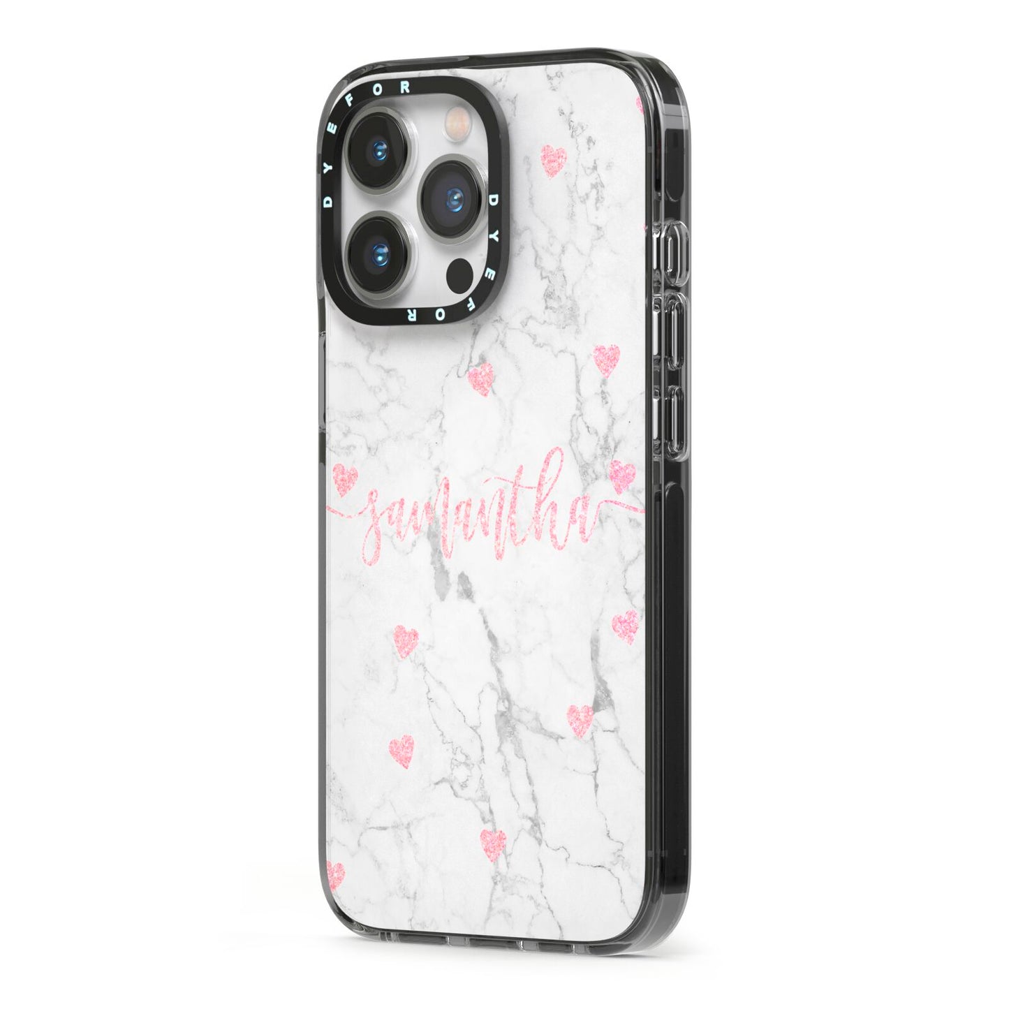 Glitter Hearts Marble Personalised Name iPhone 13 Pro Black Impact Case Side Angle on Silver phone