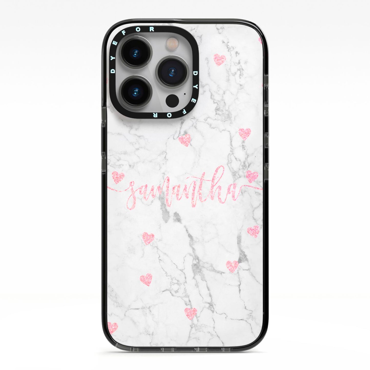 Glitter Hearts Marble Personalised Name iPhone 13 Pro Black Impact Case on Silver phone