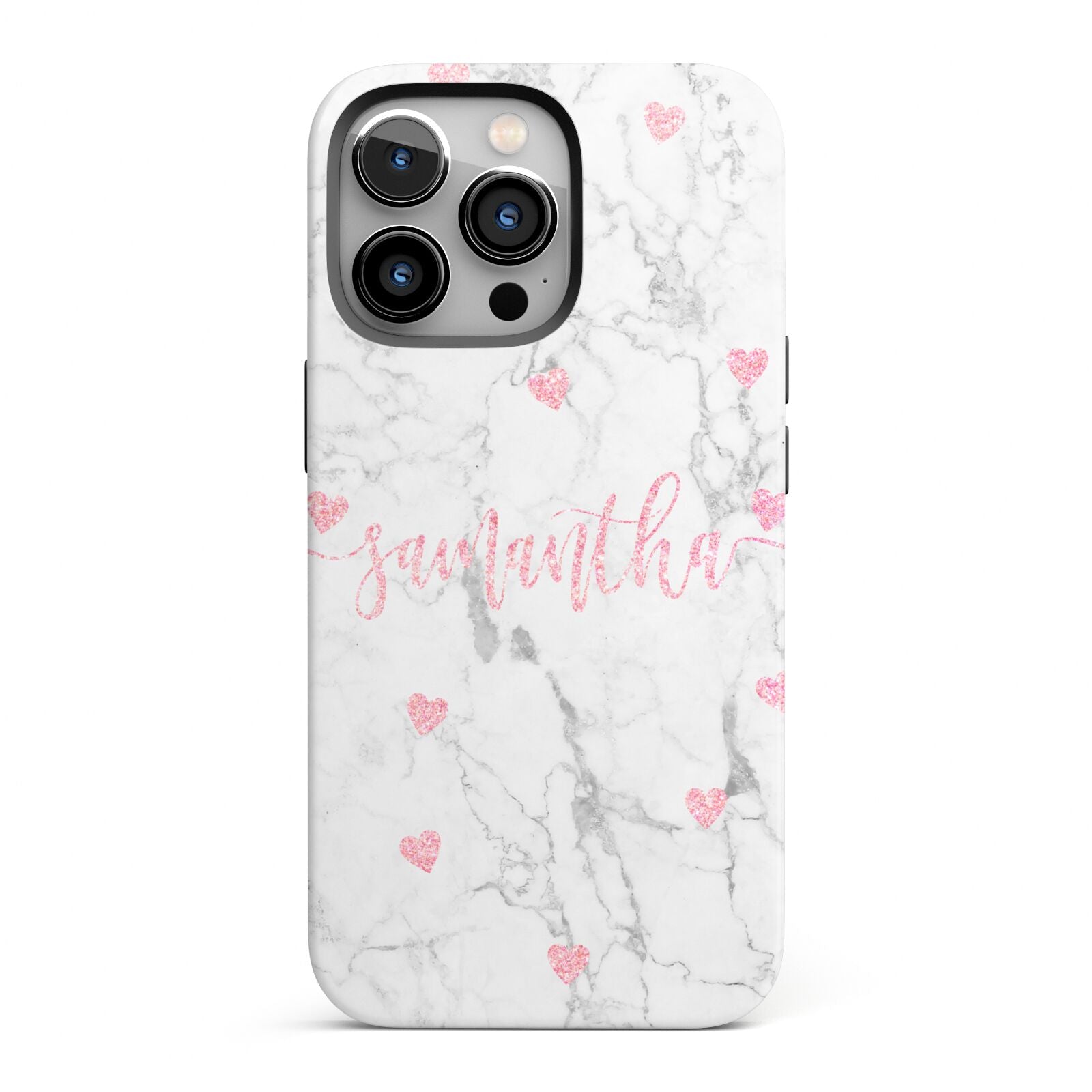 Glitter Hearts Marble Personalised Name iPhone 13 Pro Full Wrap 3D Tough Case