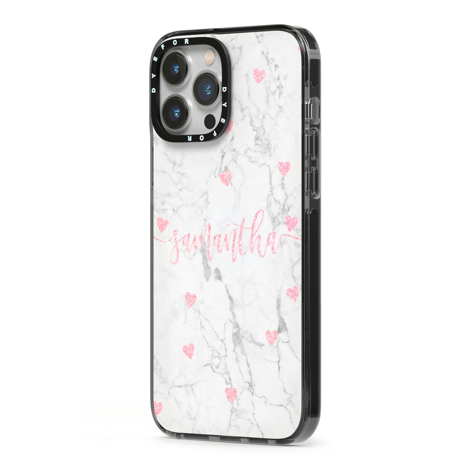 Glitter Hearts Marble Personalised Name iPhone 13 Pro Max Black Impact Case Side Angle on Silver phone