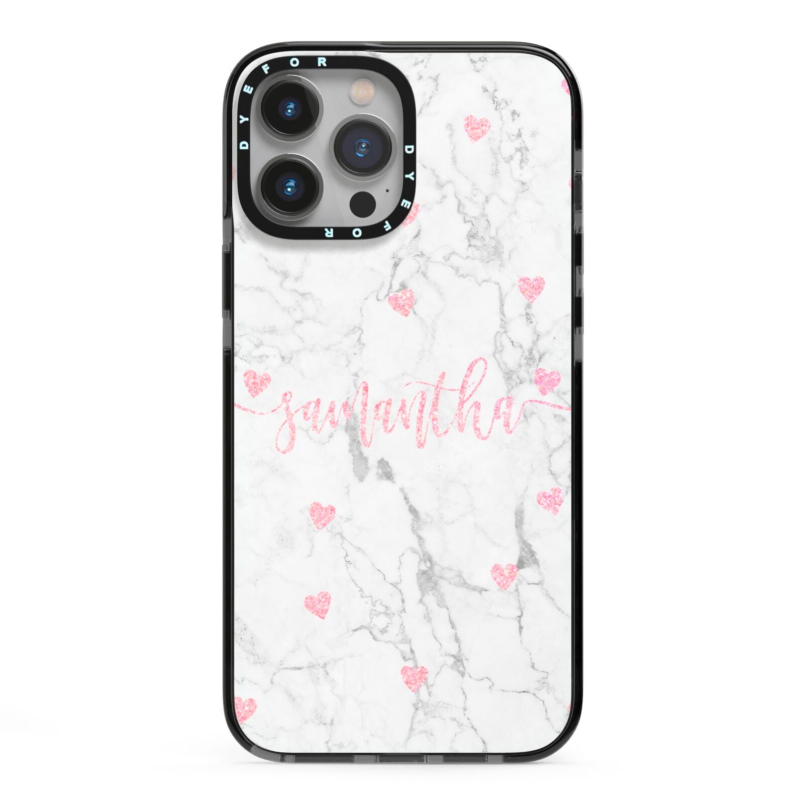 Glitter Hearts Marble Personalised Name iPhone 13 Pro Max Black Impact Case on Silver phone