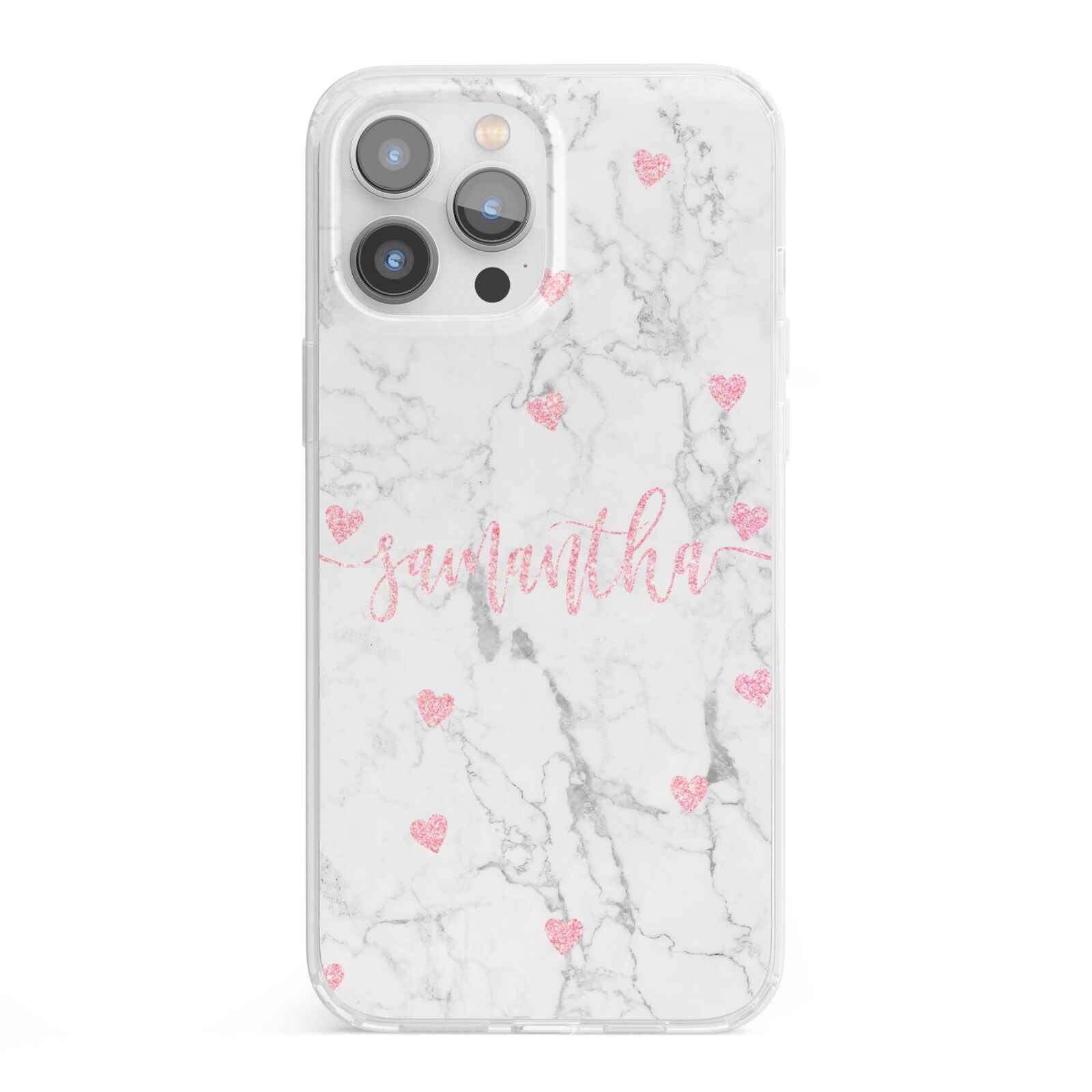 Glitter Hearts Marble Personalised Name iPhone 13 Pro Max Clear Bumper Case
