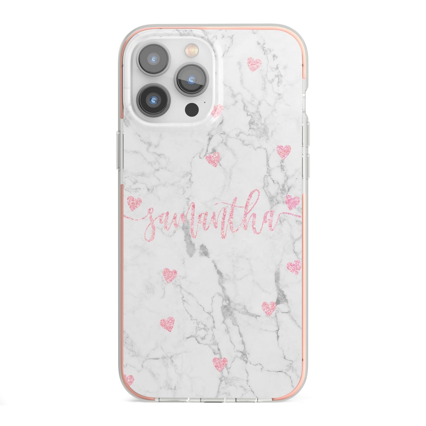 Glitter Hearts Marble Personalised Name iPhone 13 Pro Max TPU Impact Case with Pink Edges