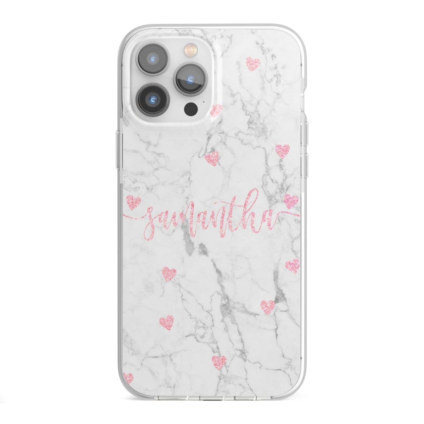 Glitter Hearts Marble Personalised Name iPhone 13 Pro Max TPU Impact Case with White Edges