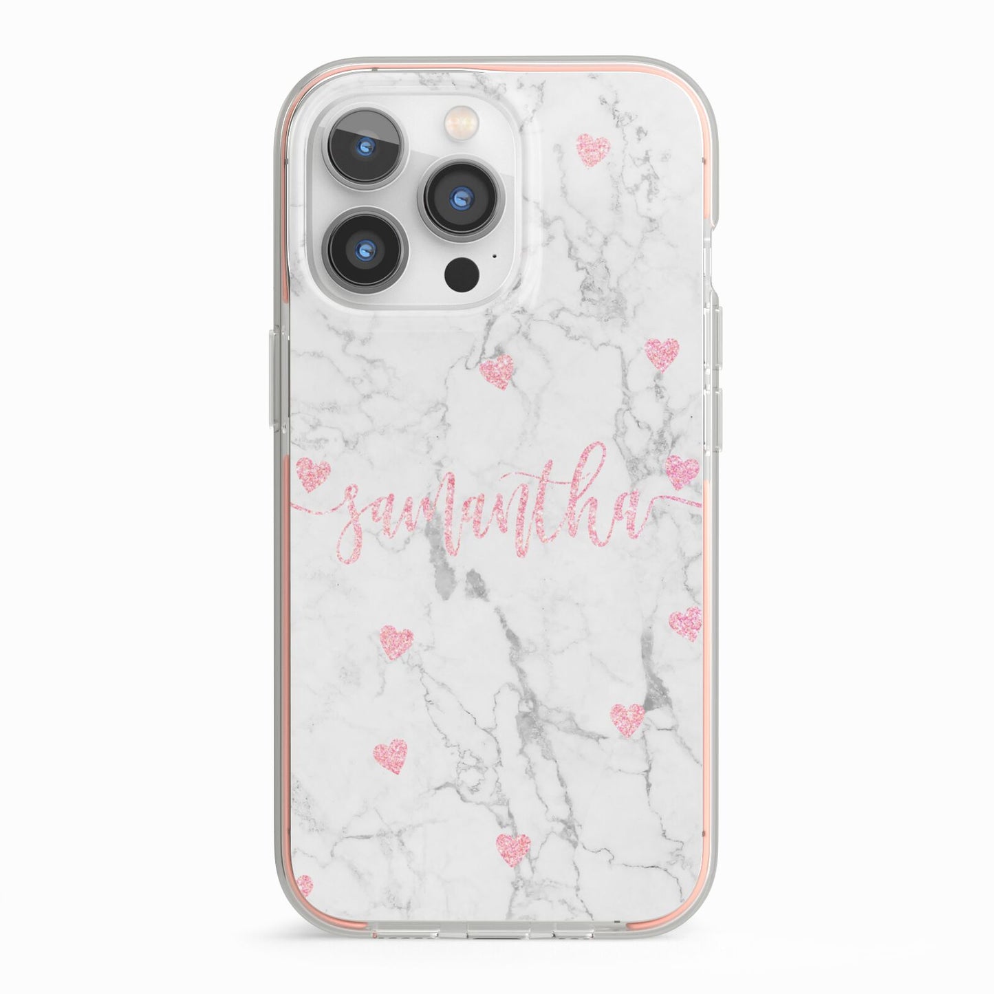 Glitter Hearts Marble Personalised Name iPhone 13 Pro TPU Impact Case with Pink Edges