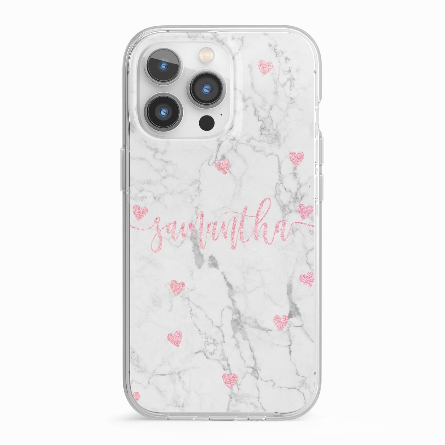 Glitter Hearts Marble Personalised Name iPhone 13 Pro TPU Impact Case with White Edges