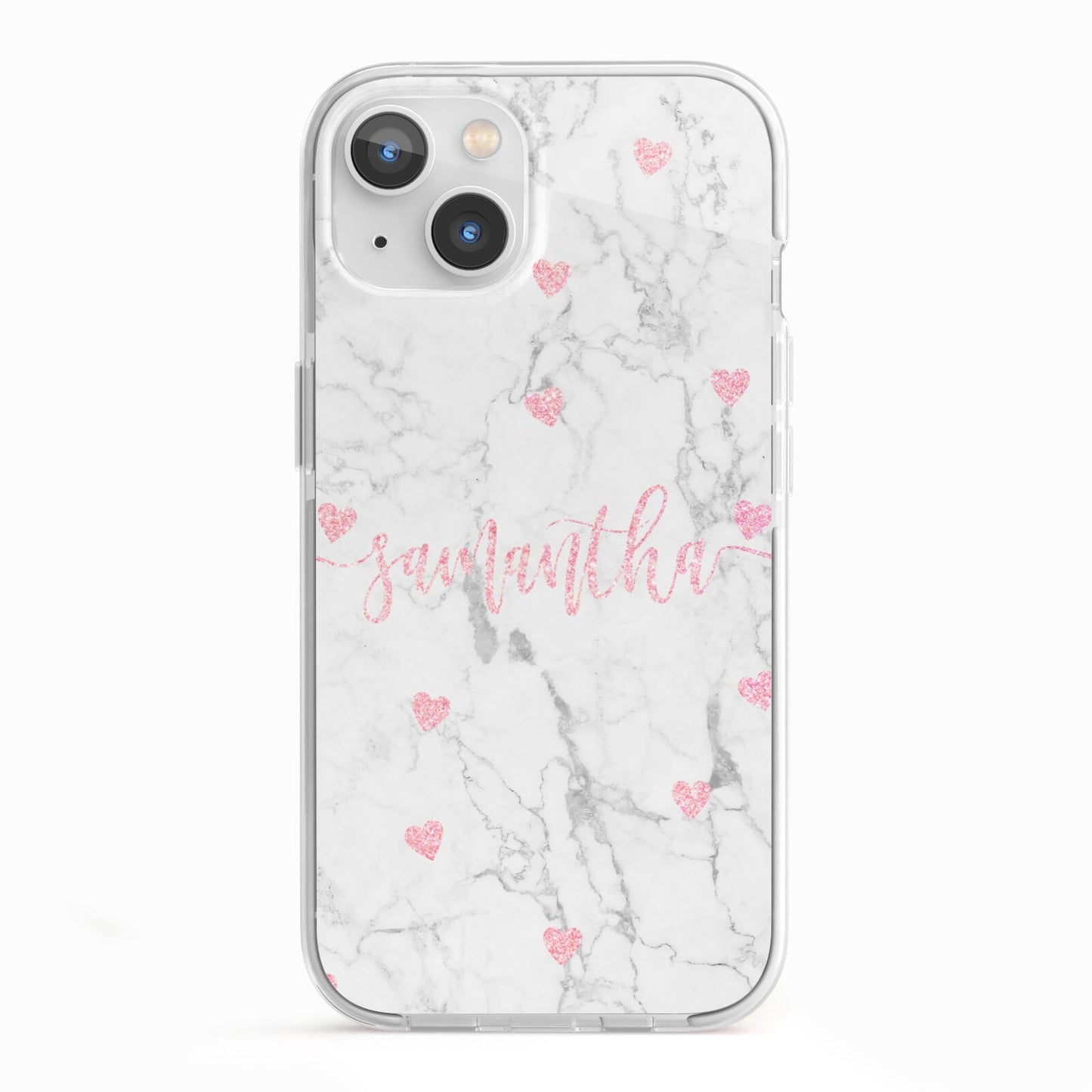 Glitter Hearts Marble Personalised Name iPhone 13 TPU Impact Case with White Edges