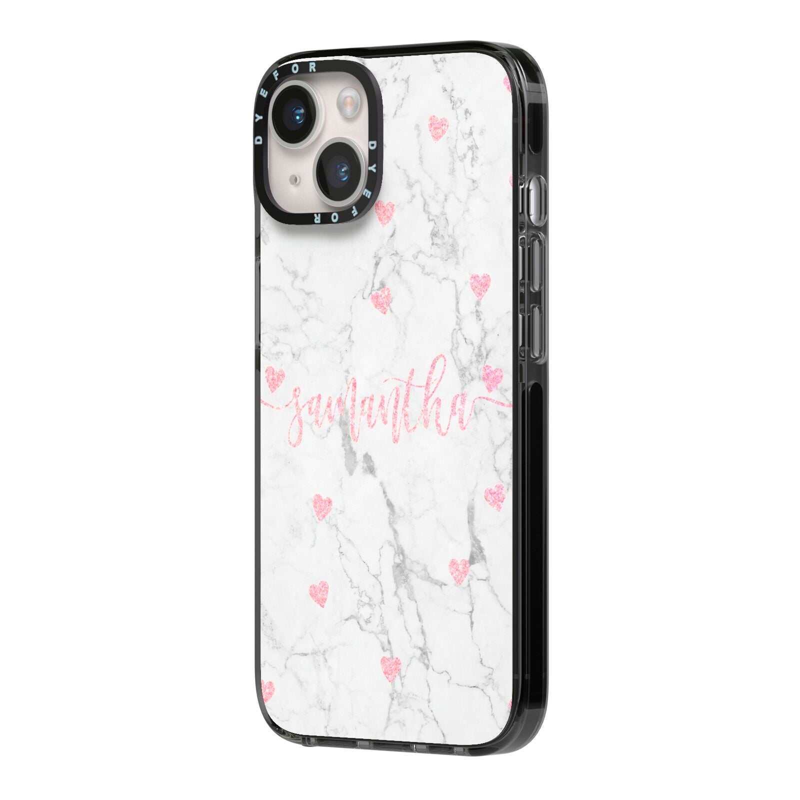 Glitter Hearts Marble Personalised Name iPhone 14 Black Impact Case Side Angle on Silver phone