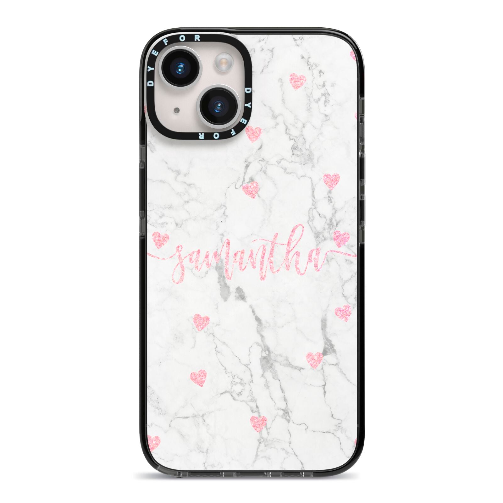 Glitter Hearts Marble Personalised Name iPhone 14 Black Impact Case on Silver phone