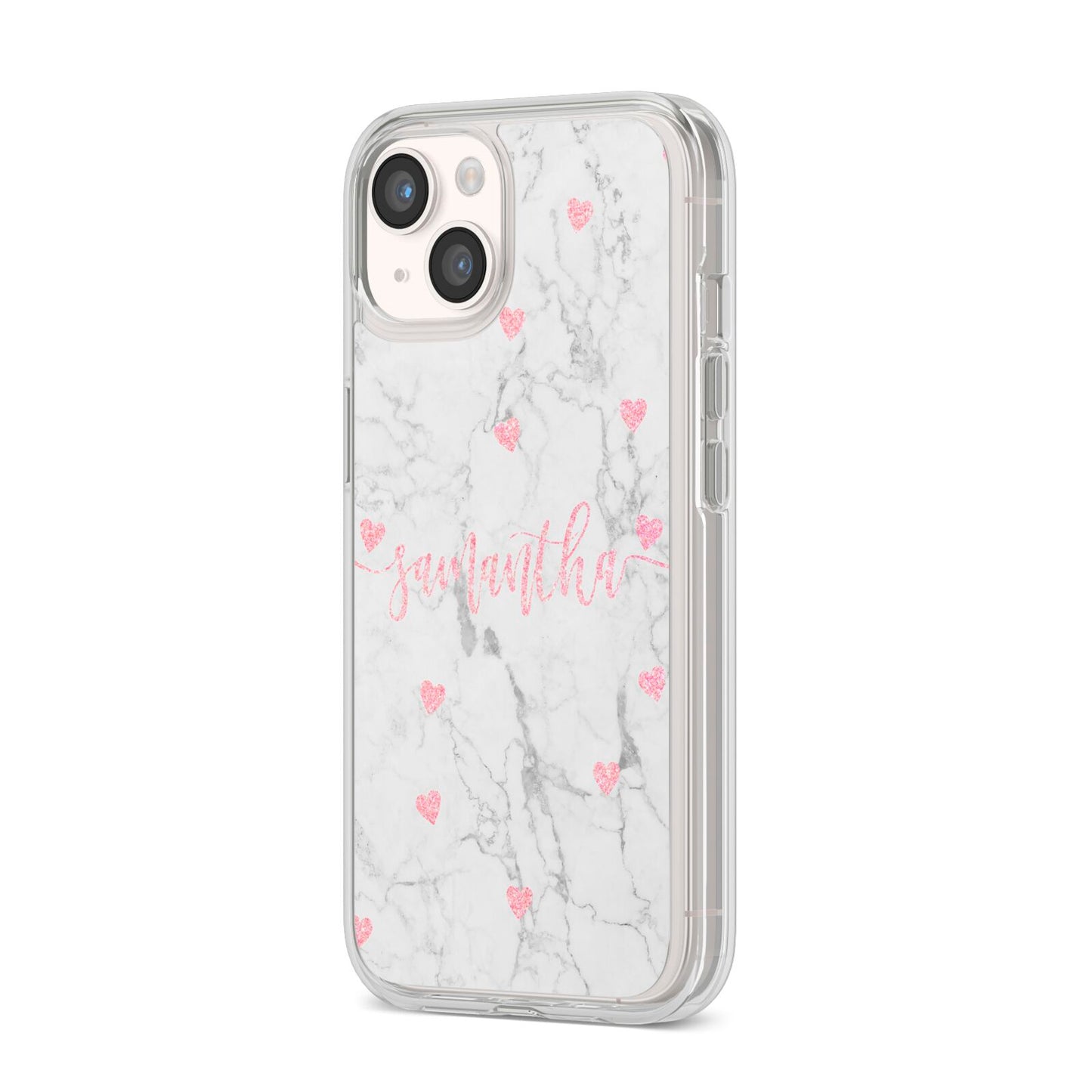 Glitter Hearts Marble Personalised Name iPhone 14 Clear Tough Case Starlight Angled Image