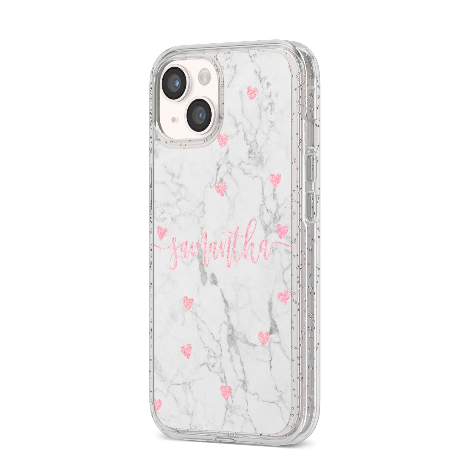 Glitter Hearts Marble Personalised Name iPhone 14 Glitter Tough Case Starlight Angled Image