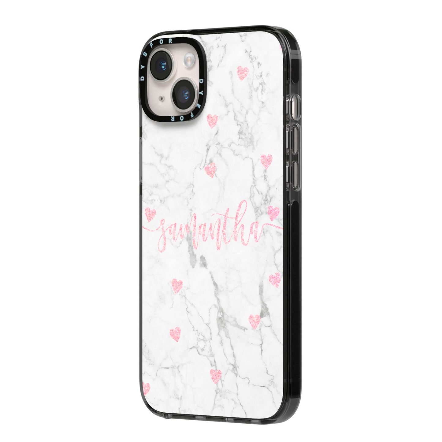 Glitter Hearts Marble Personalised Name iPhone 14 Plus Black Impact Case Side Angle on Silver phone