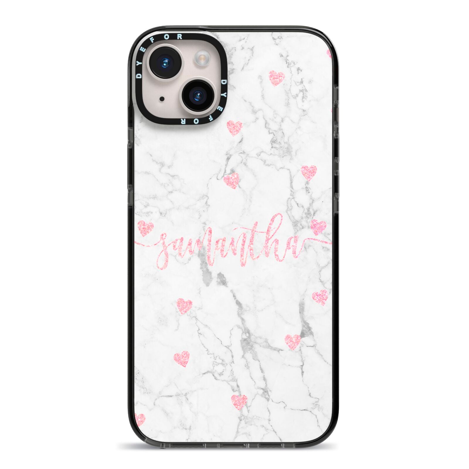 Glitter Hearts Marble Personalised Name iPhone 14 Plus Black Impact Case on Silver phone