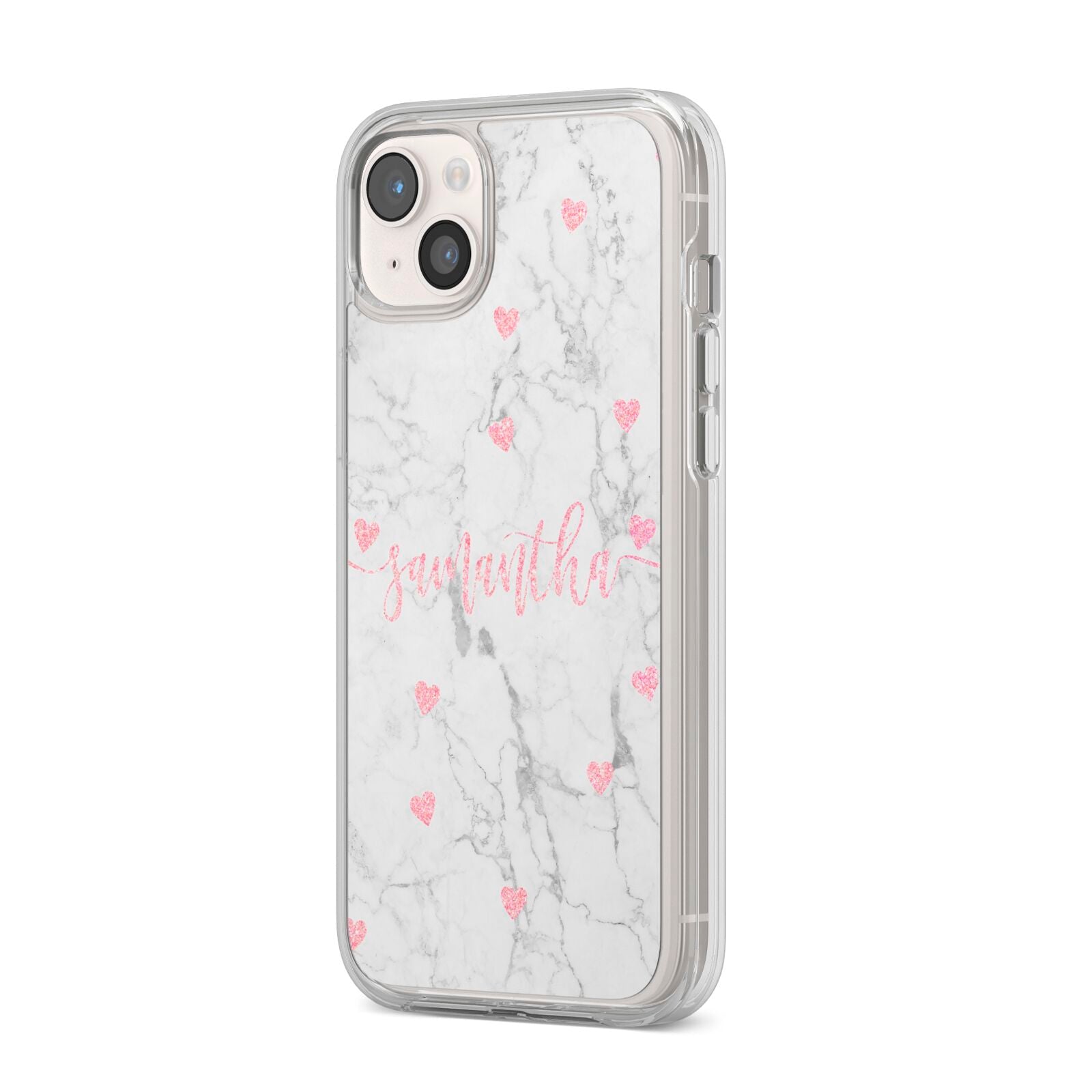 Glitter Hearts Marble Personalised Name iPhone 14 Plus Clear Tough Case Starlight Angled Image