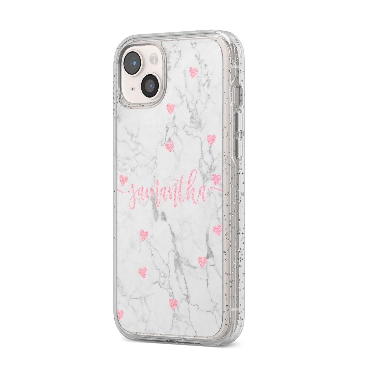 Glitter Hearts Marble Personalised Name iPhone 14 Plus Glitter Tough Case Starlight Angled Image